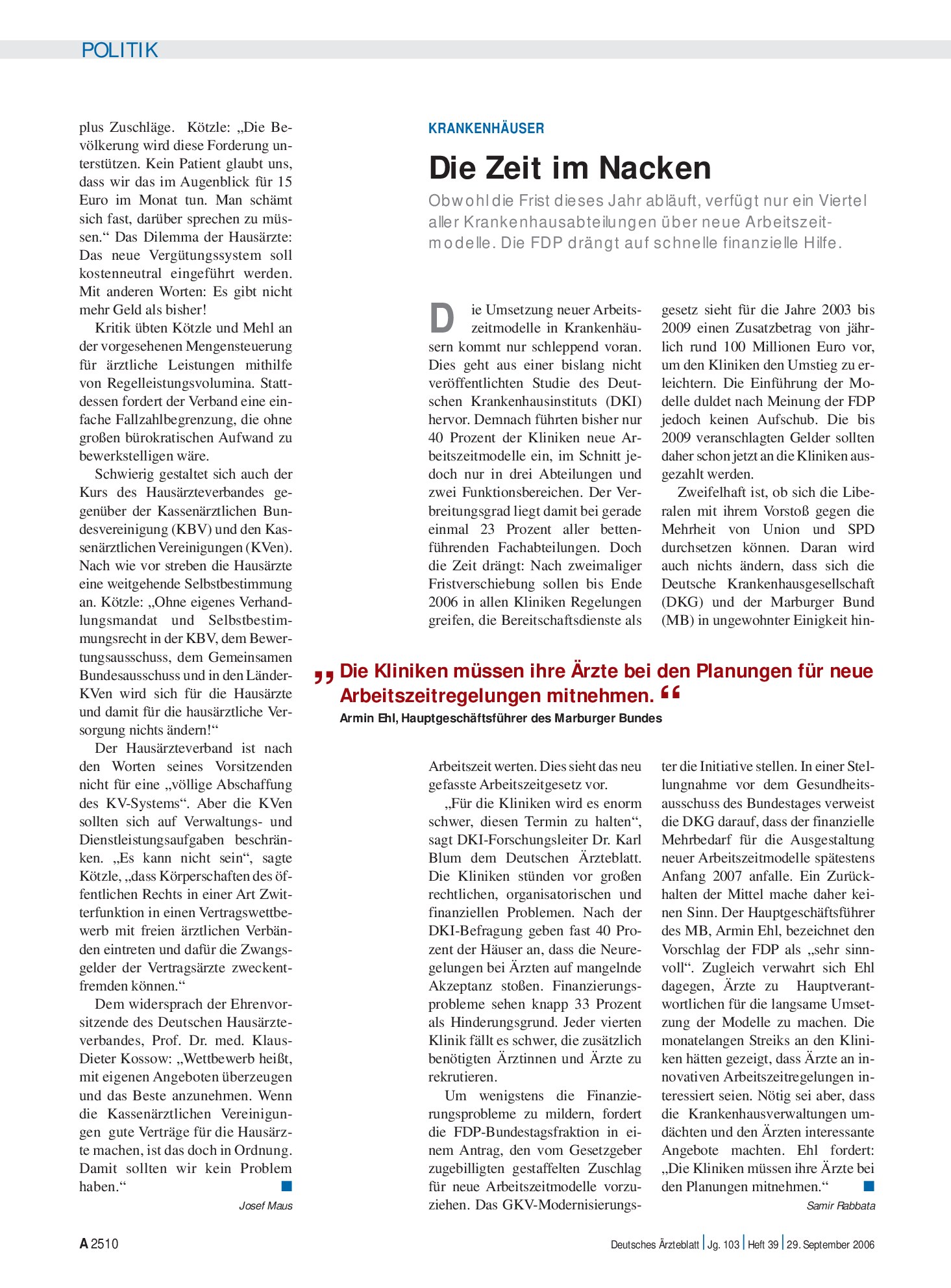 Vorschauseite 1: Krankenhäuser: Die Zeit im Nacken – Deutsches Ärzteblatt