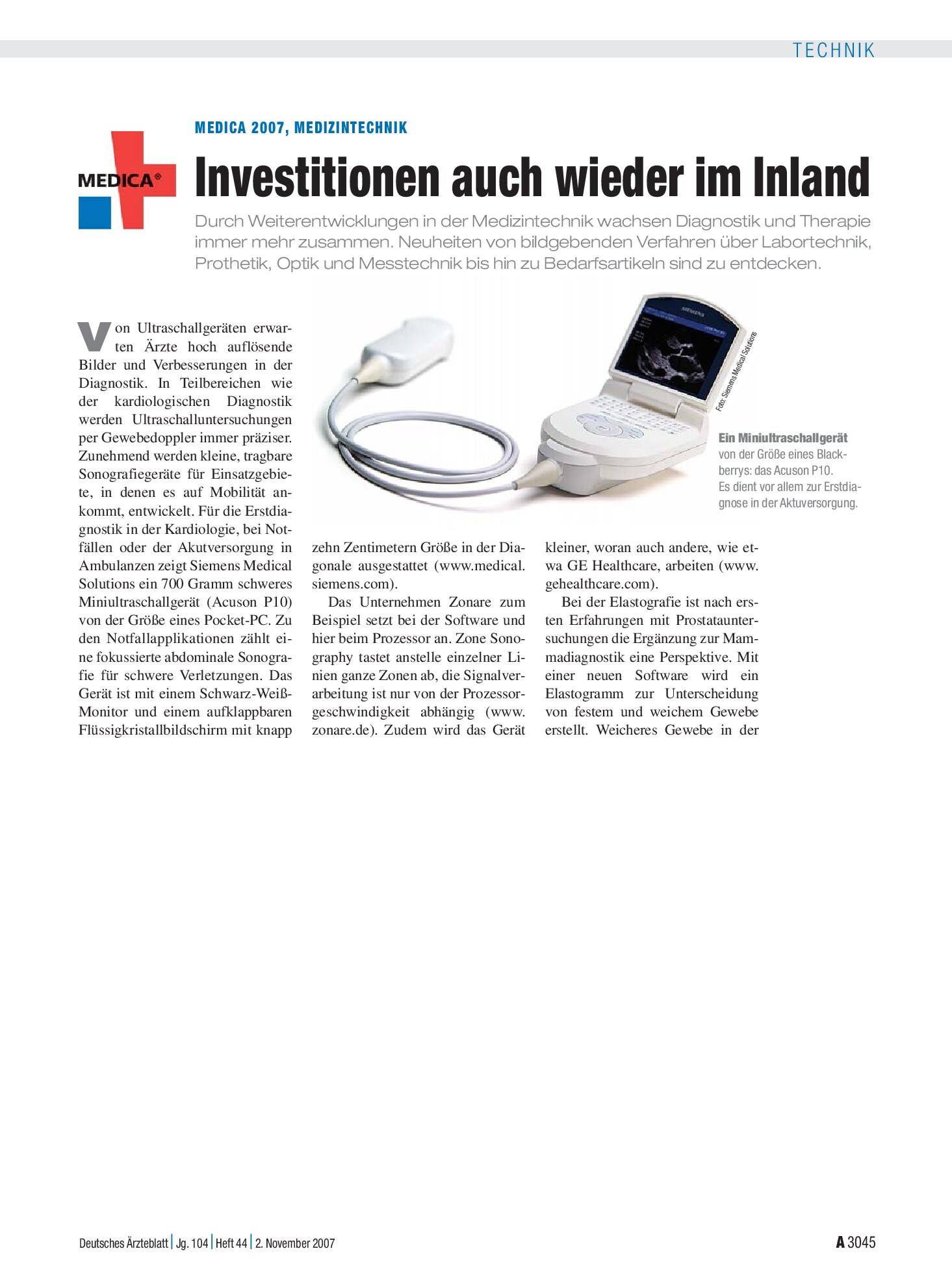 Vorschauseite 1: Medica 2007, Medizintechnik: Investitionen auch wieder im Inland – Deutsches Ärzteblatt