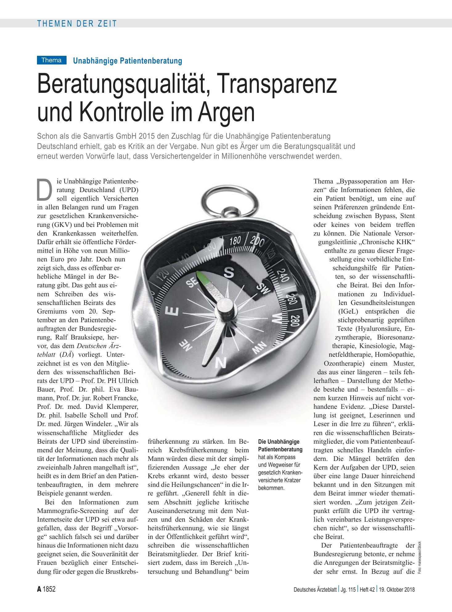 Vorschauseite 1: Unabhängige Patientenberatung: Beratungsqualität, Transparenz und Kontrolle im Argen – Deutsches Ärzteblatt
