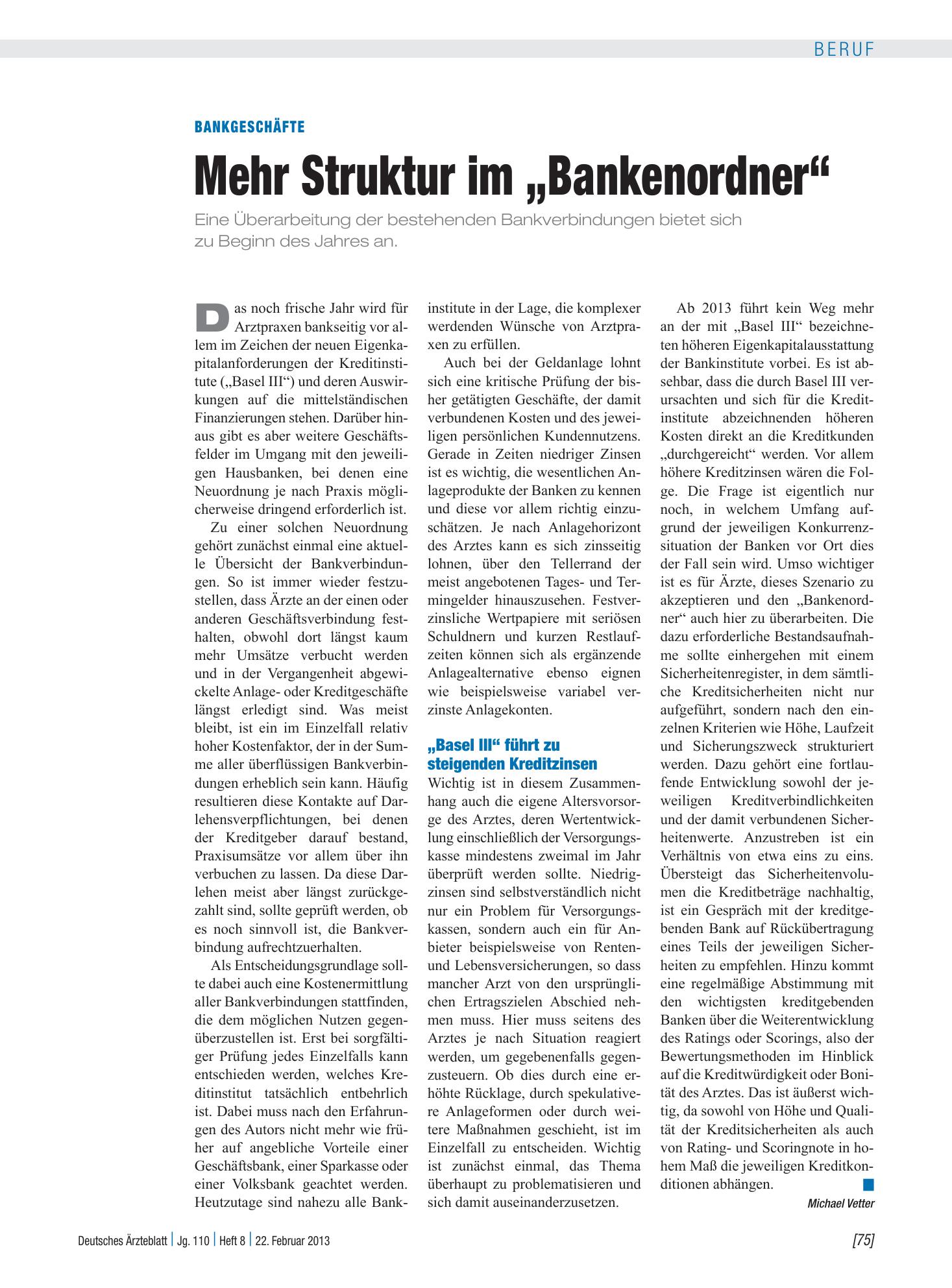 Vorschauseite 1: Bankgeschäfte: Mehr Struktur im „Bankenordner“ – Deutsches Ärzteblatt