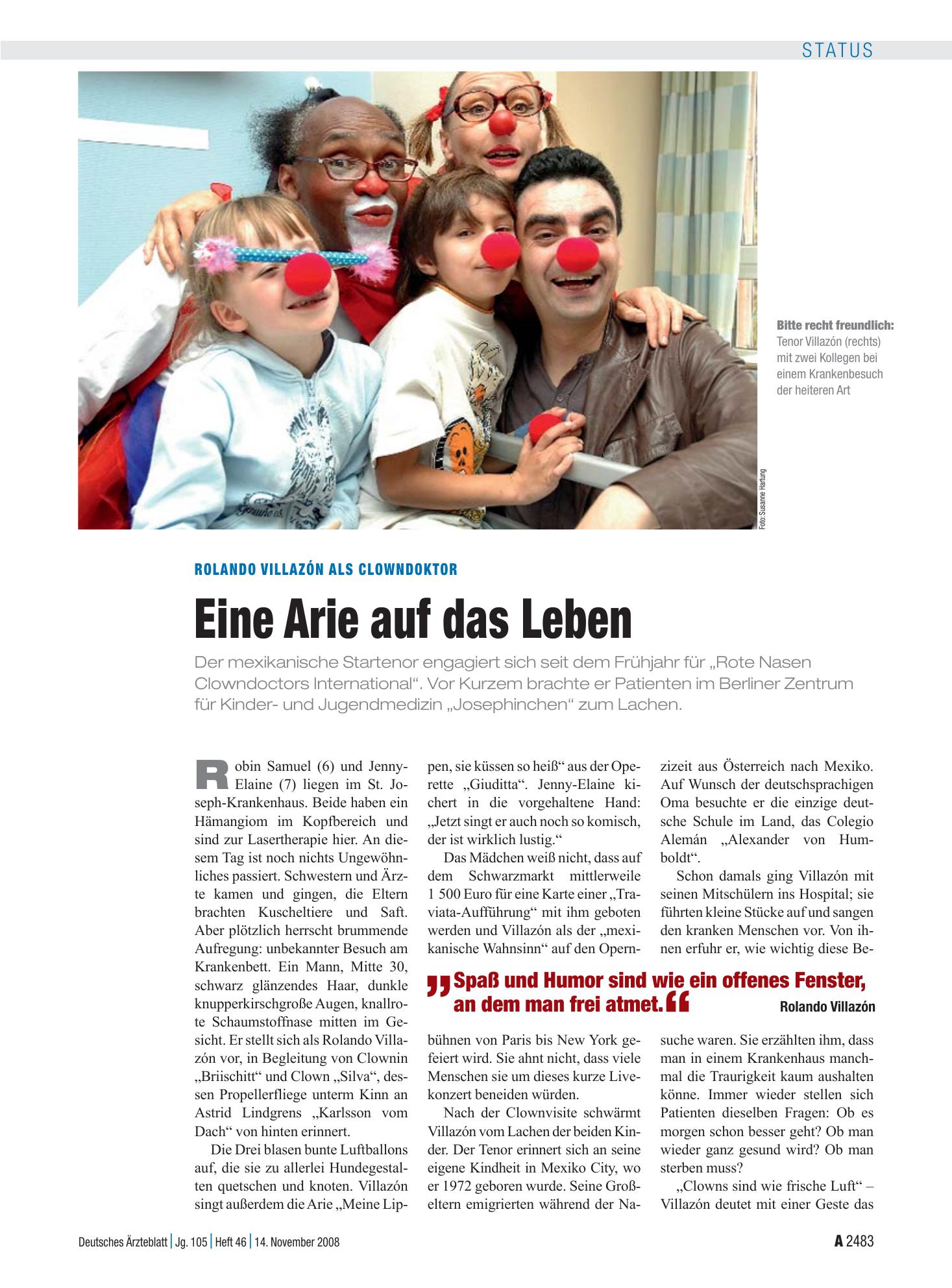 Vorschauseite 1: Rolando Villazón als Clowndoktor: Eine Arie auf das Leben – Deutsches Ärzteblatt