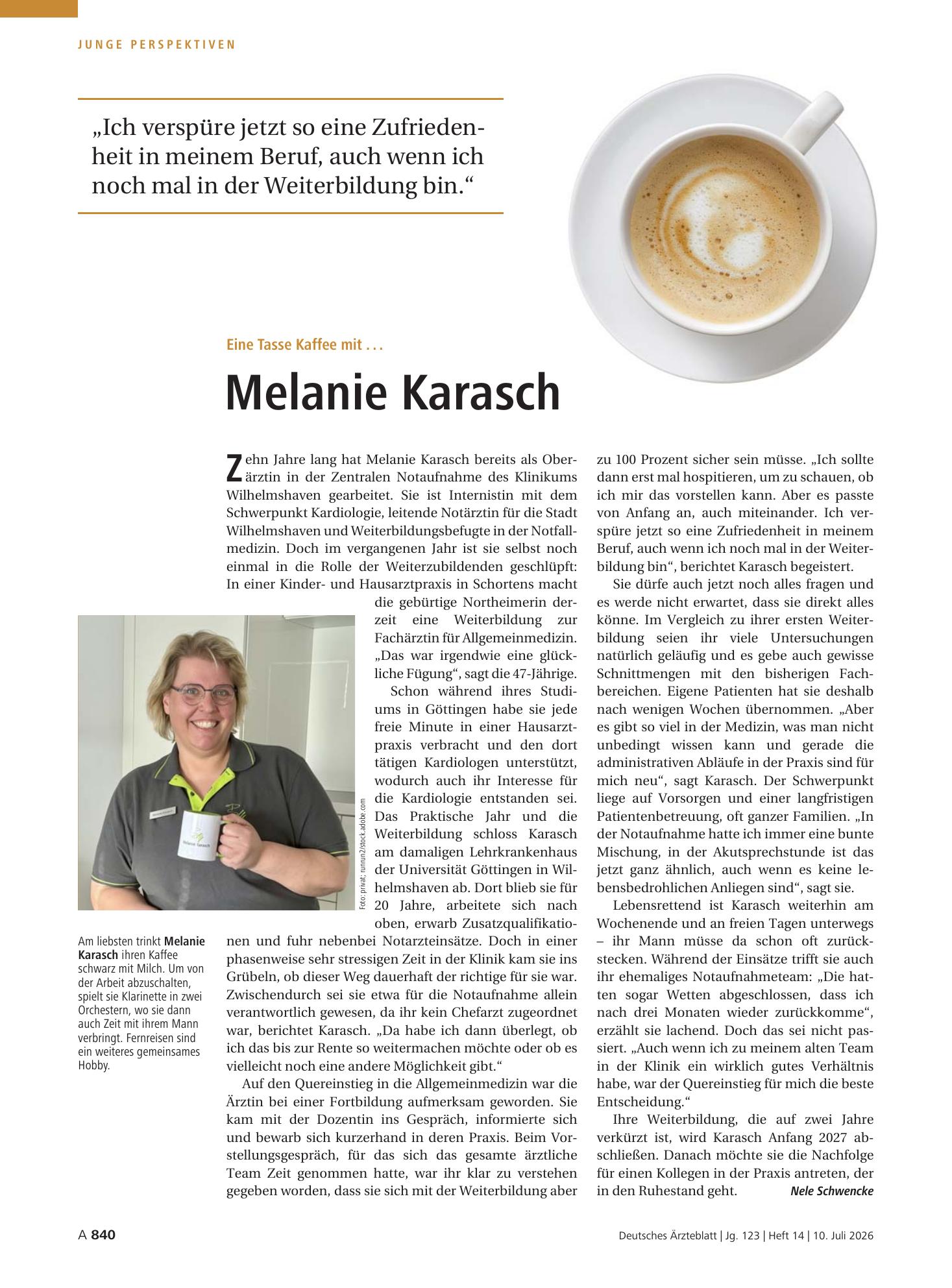 Vorschauseite 1: Eine Tasse Kaffee mit . . . Melanie Karasch – Deutsches Ärzteblatt