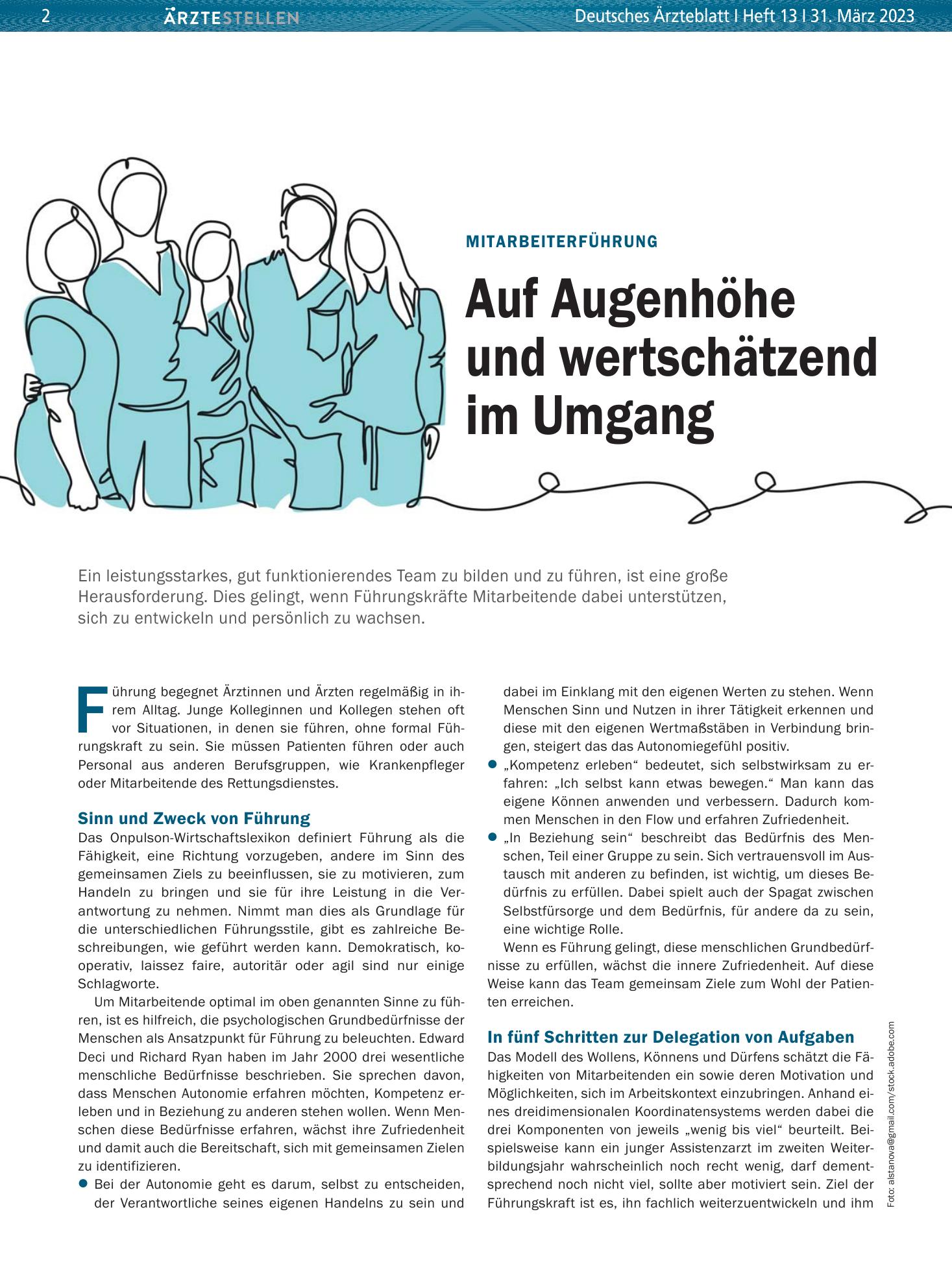 Vorschauseite 1: Mitarbeiterführung: Auf Augenhöhe und wertschätzend im Umgang – Deutsches Ärzteblatt