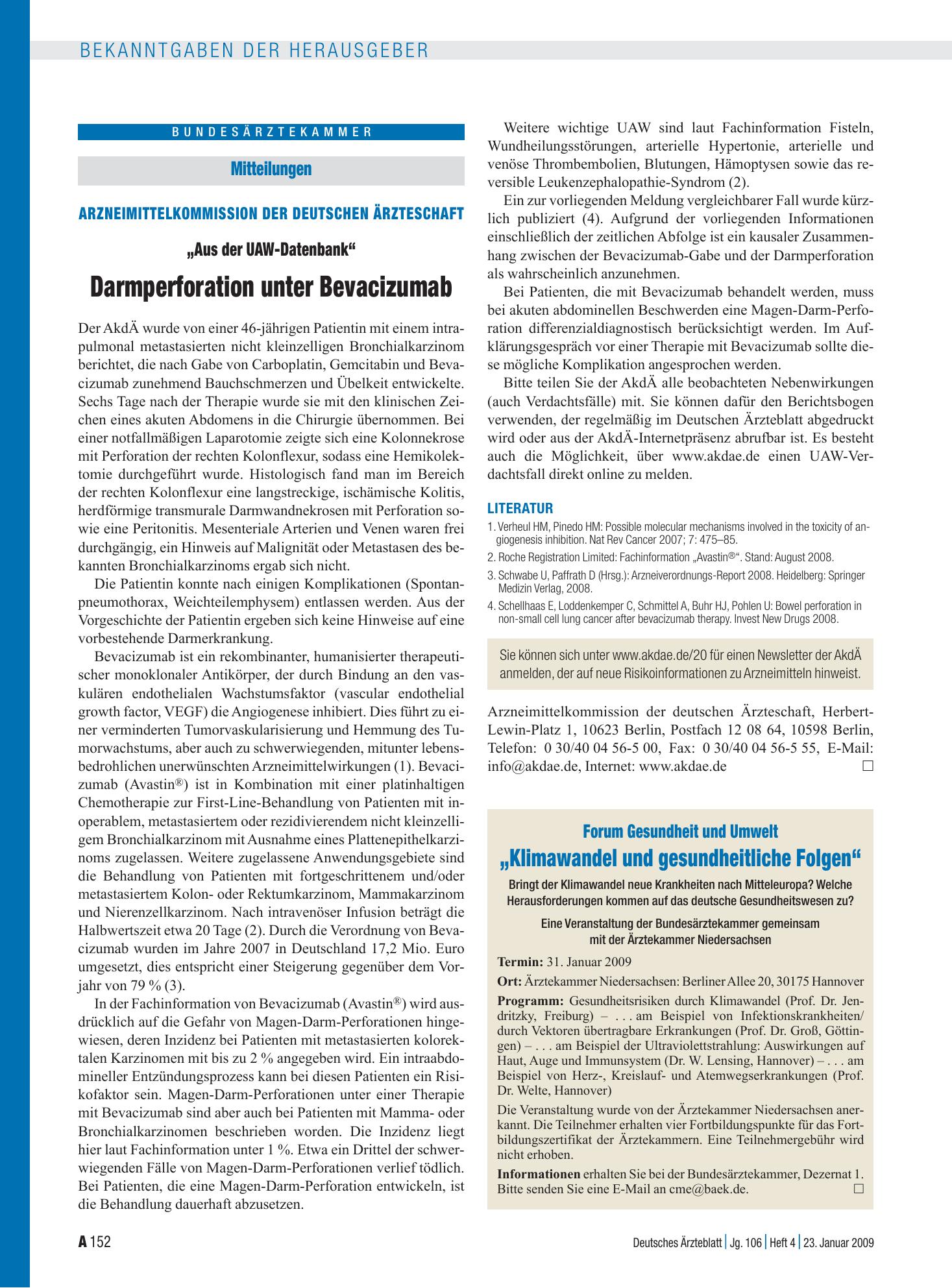 Vorschauseite 1: Mitteilungen - Arzneimittelkommission der deutschen Ärzteschaft: „Aus der UAW-Datenbank“ - Darmperforation unter Bevacizumab – Deutsches Ärzteblatt