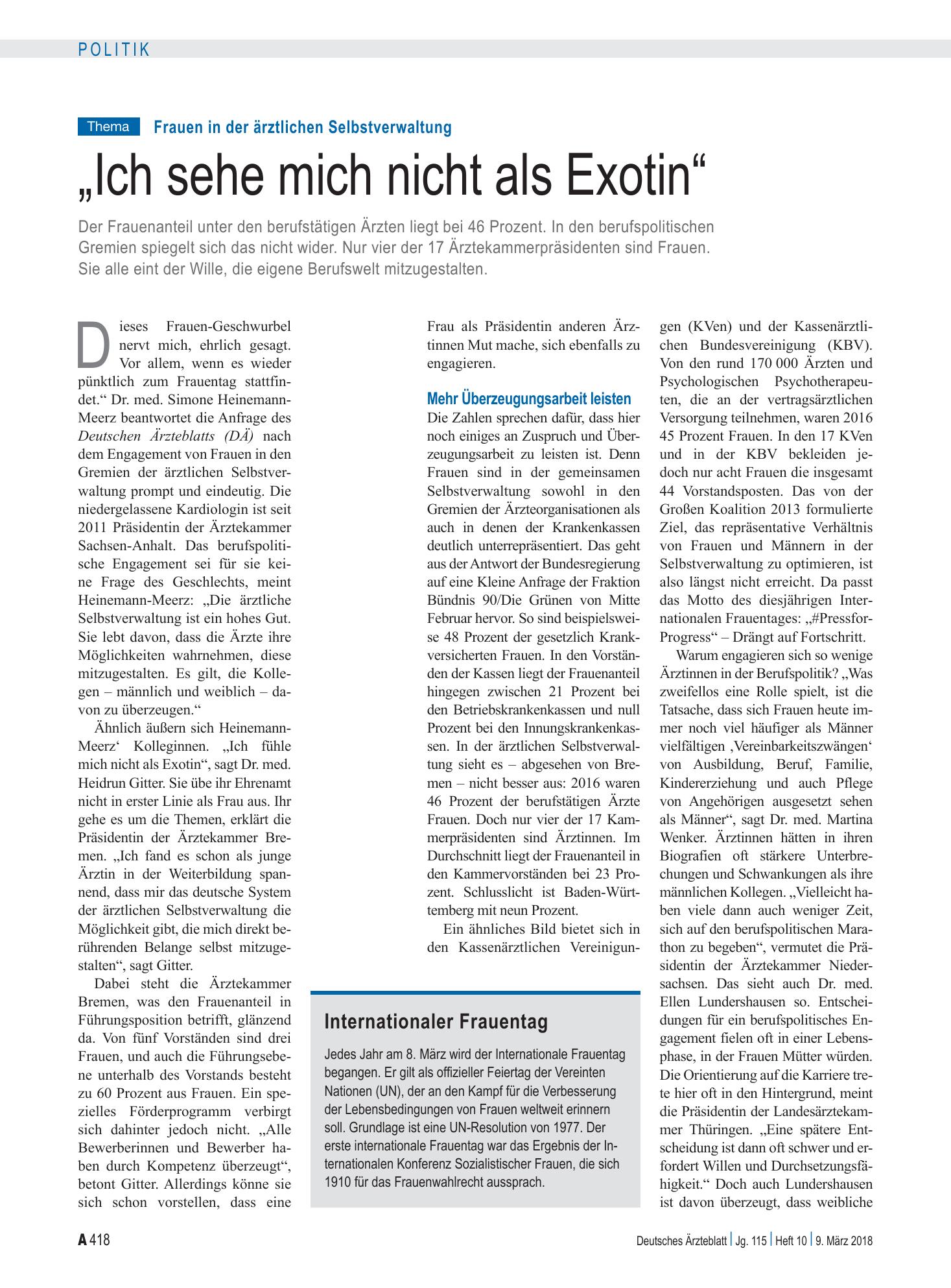 Vorschauseite 1: Frauen in der ärztlichen Selbstverwaltung: „Ich sehe mich nicht als Exotin“ – Deutsches Ärzteblatt