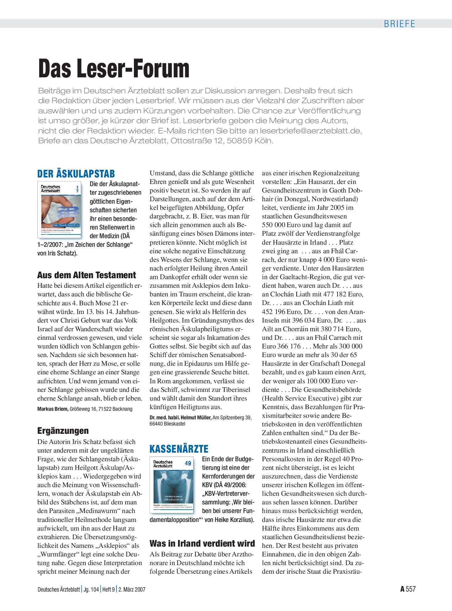 Vorschauseite 1: Der Äskulapstab: Ergänzungen – Deutsches Ärzteblatt