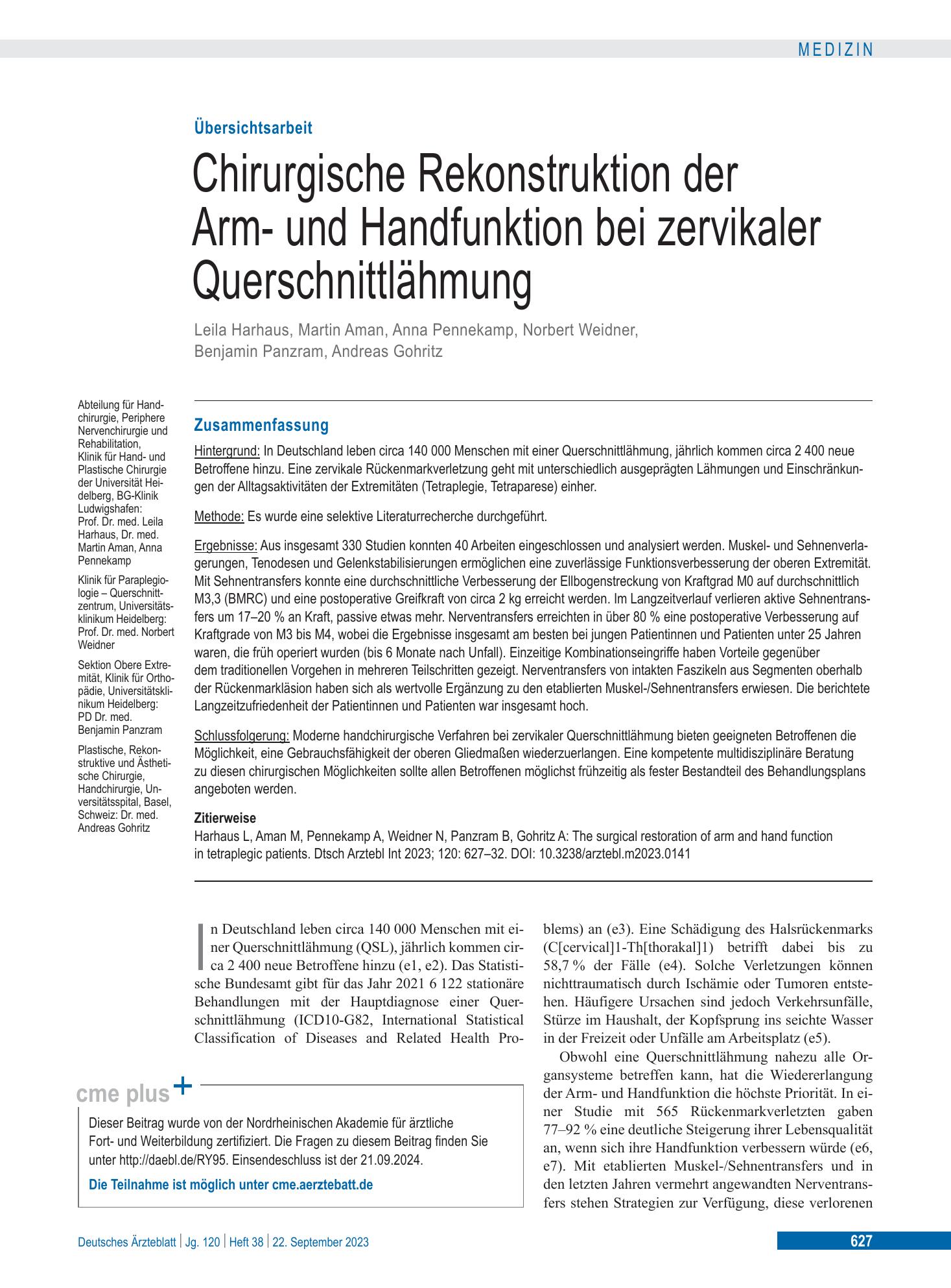 Vorschauseite 1: Chirurgische Rekonstruktion der Arm- und Handfunktion bei zervikaler Querschnittlähmung – Deutsches Ärzteblatt
