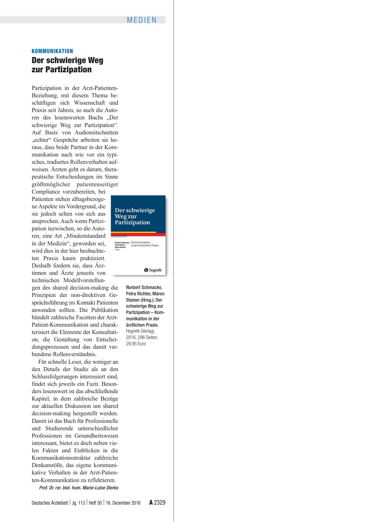 Vorschauseite 1: Kommunikation: Der schwierige Weg zur Partizipation – Deutsches Ärzteblatt