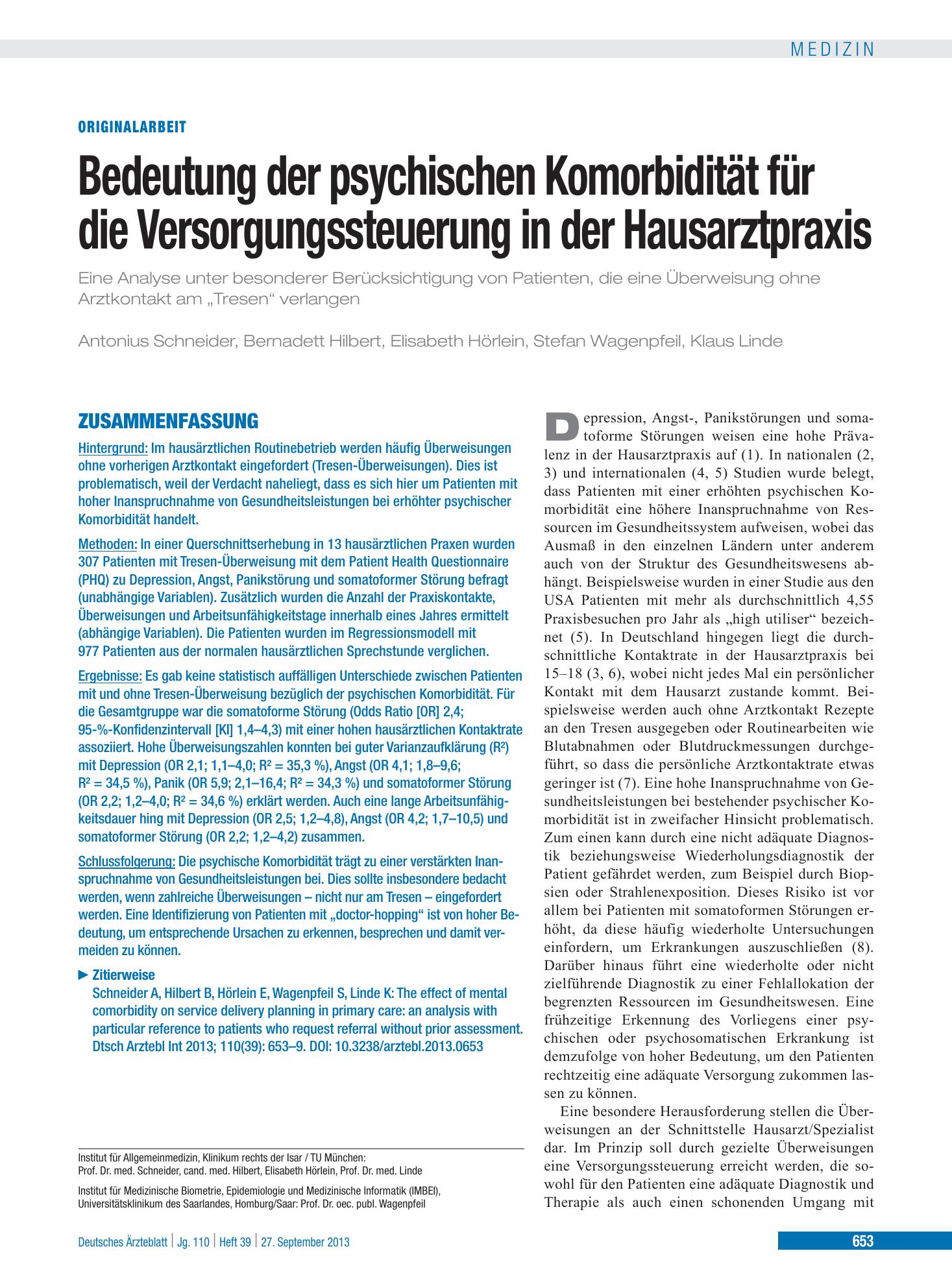Vorschauseite 1: Bedeutung der psychischen Komorbidität für die Versorgungssteuerung in der Hausarztpraxis – Deutsches Ärzteblatt