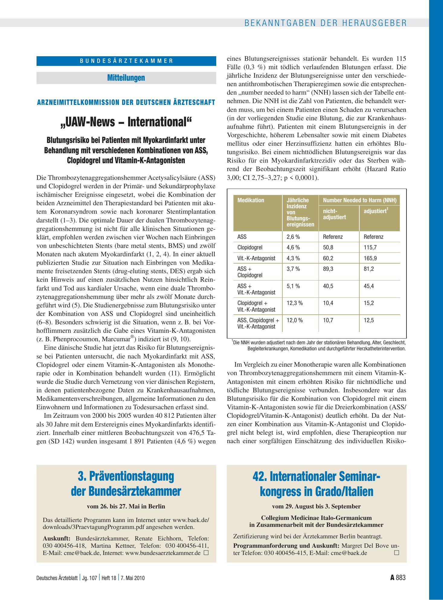 Vorschauseite 1: „UAW-News - International“: Blutungsrisiko bei Patienten mit Myokardinfarkt unter Behandlung mit verschiedenen Kombinationen von ASS, Clopidogrel und Vitamin-K-Antagonisten – Deut…