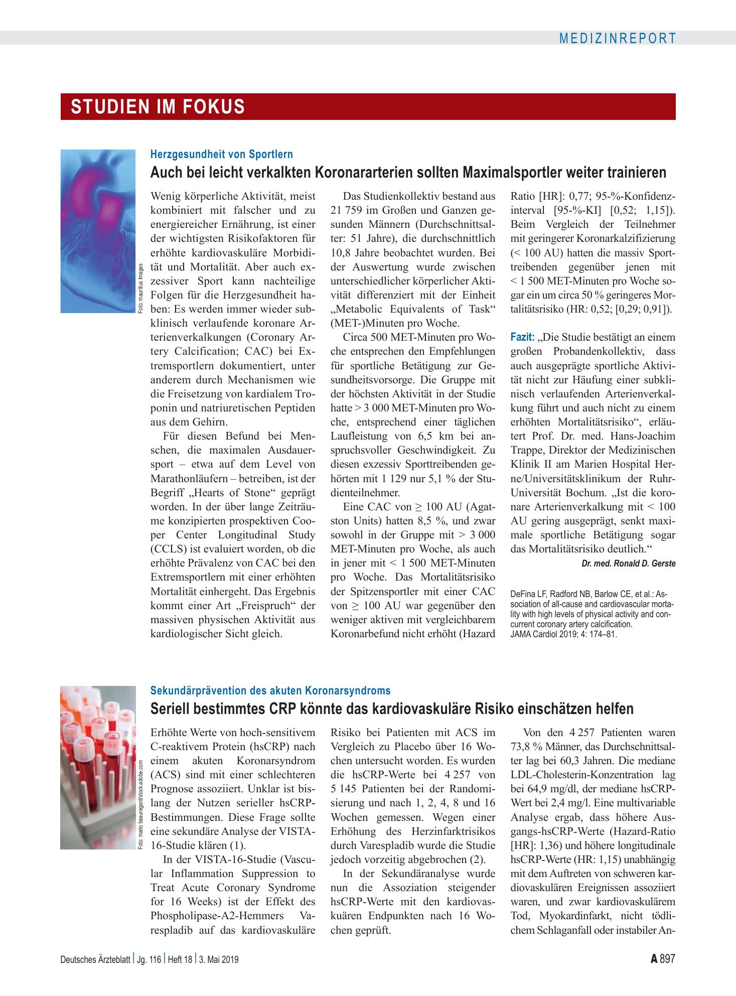 Vorschauseite 1: Sekundärprävention des akuten Koronarsyndroms: Seriell bestimmtes CRP könnte das kardiovaskuläre Risiko einschätzen helfen – Deutsches Ärzteblatt