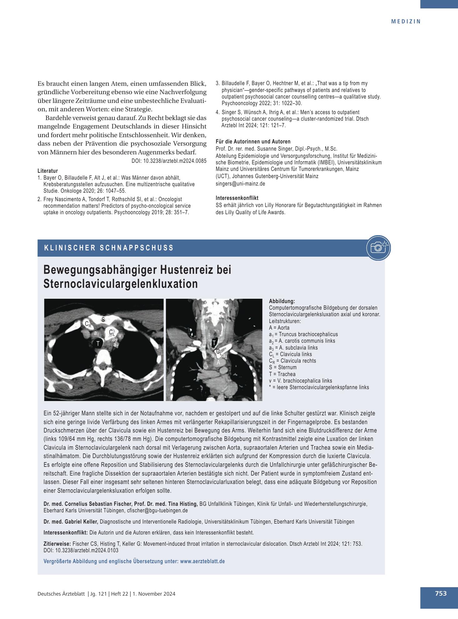 Vorschauseite 1: Bewegungsabhängiger Hustenreiz bei Sternoclaviculargelenkluxation – Deutsches Ärzteblatt