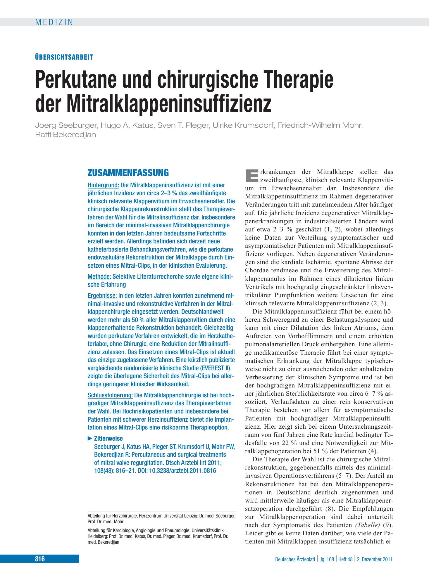 Vorschauseite 1: Perkutane und chirurgische Therapie der Mitralklappeninsuffizienz – Deutsches Ärzteblatt