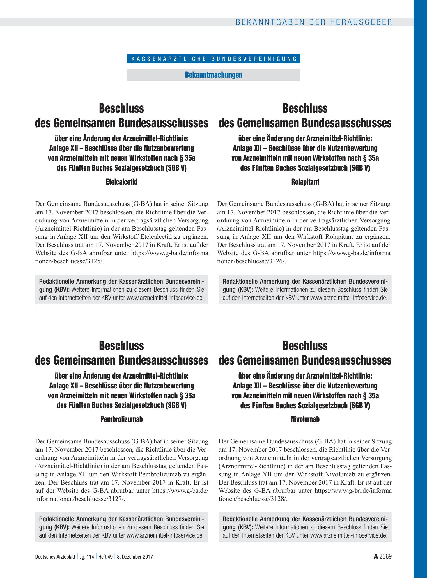 Vorschauseite 1: Beschluss des Gemeinsamen Bundesausschusses über eine Änderung der Arzneimittel-Richtlinie: Anlage XII – Pembrolizumab – Deutsches Ärzteblatt
