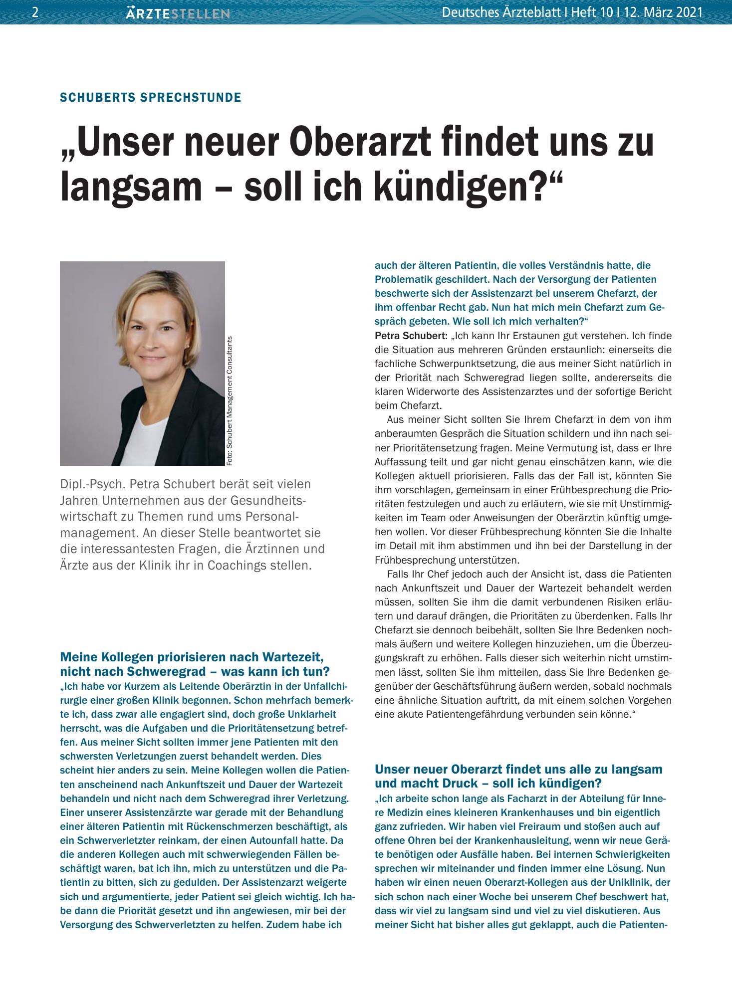 Vorschauseite 1: Schuberts Sprechstunde: „Unser neuer Oberarzt findet uns zu langsam – soll ich kündigen?“ – Deutsches Ärzteblatt