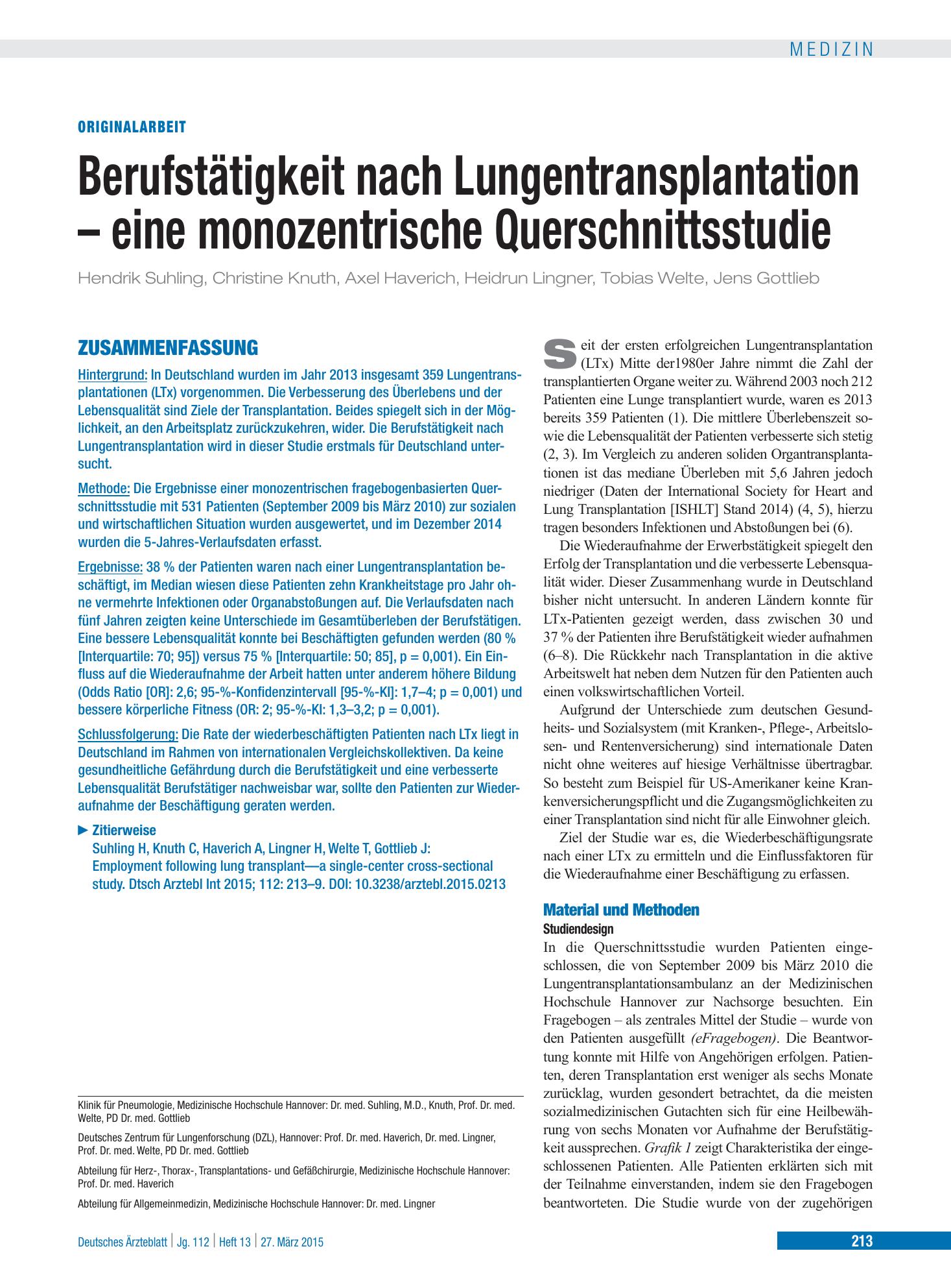 Vorschauseite 1: Berufstätigkeit nach Lungentransplantation – eine monozentrische Querschnittsstudie – Deutsches Ärzteblatt