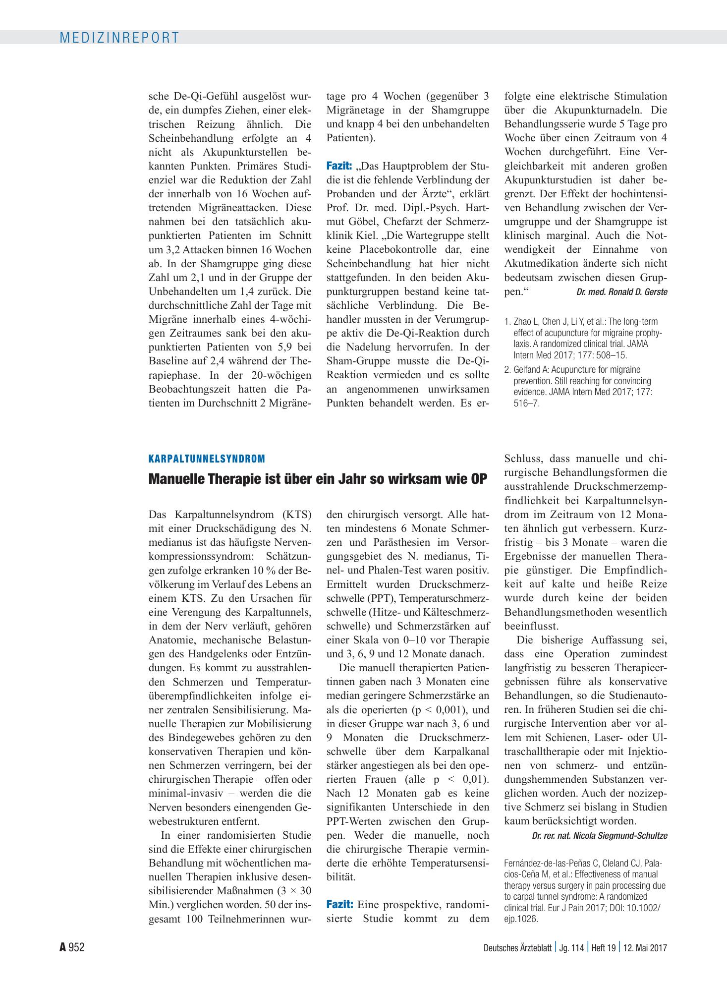 Vorschauseite 1: Karpaltunnelsyndrom: Manuelle Therapie ist über ein Jahr so wirksam wie OP – Deutsches Ärzteblatt