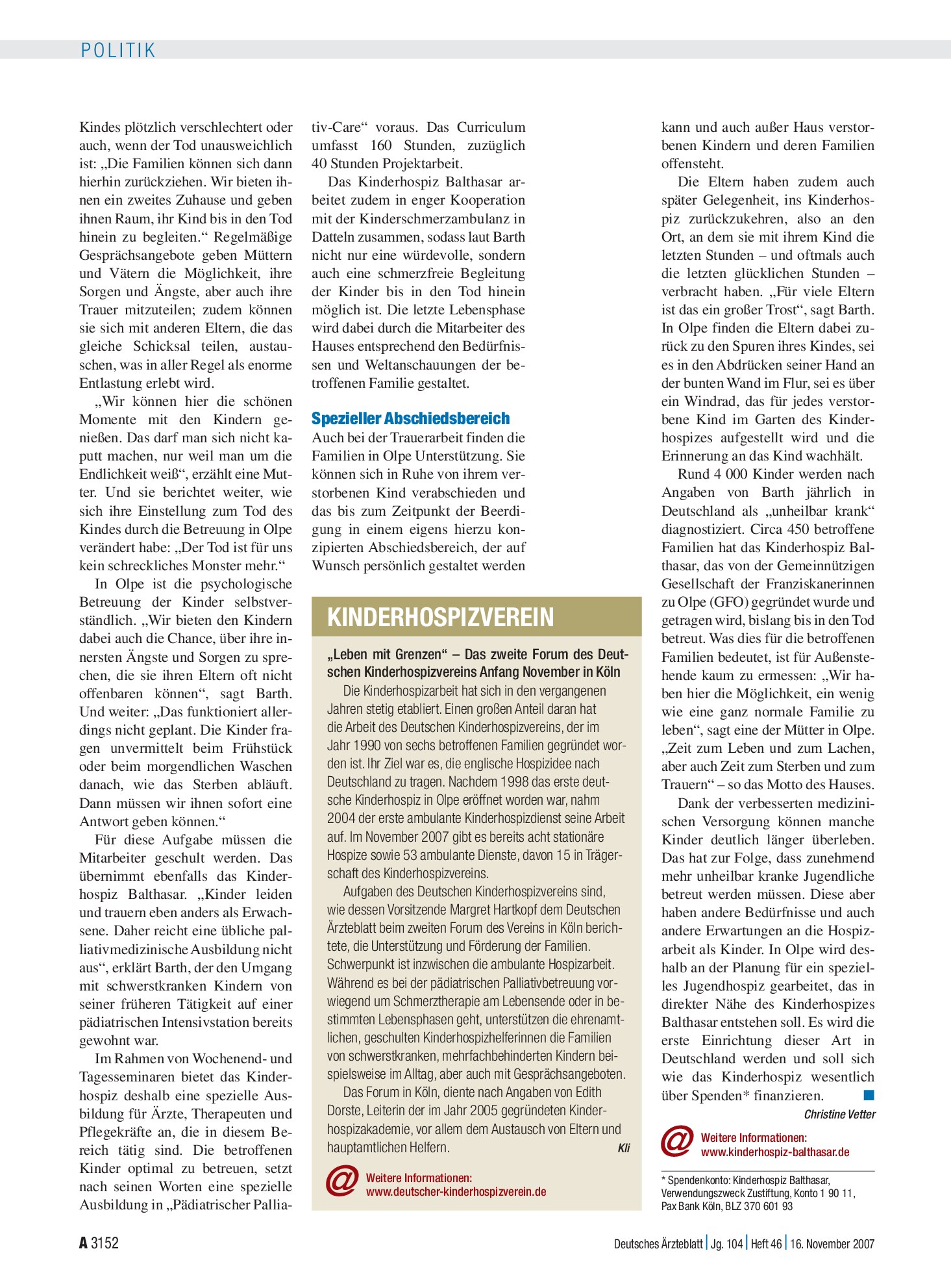 Vorschauseite 1: Kinderhospizverein – Deutsches Ärzteblatt