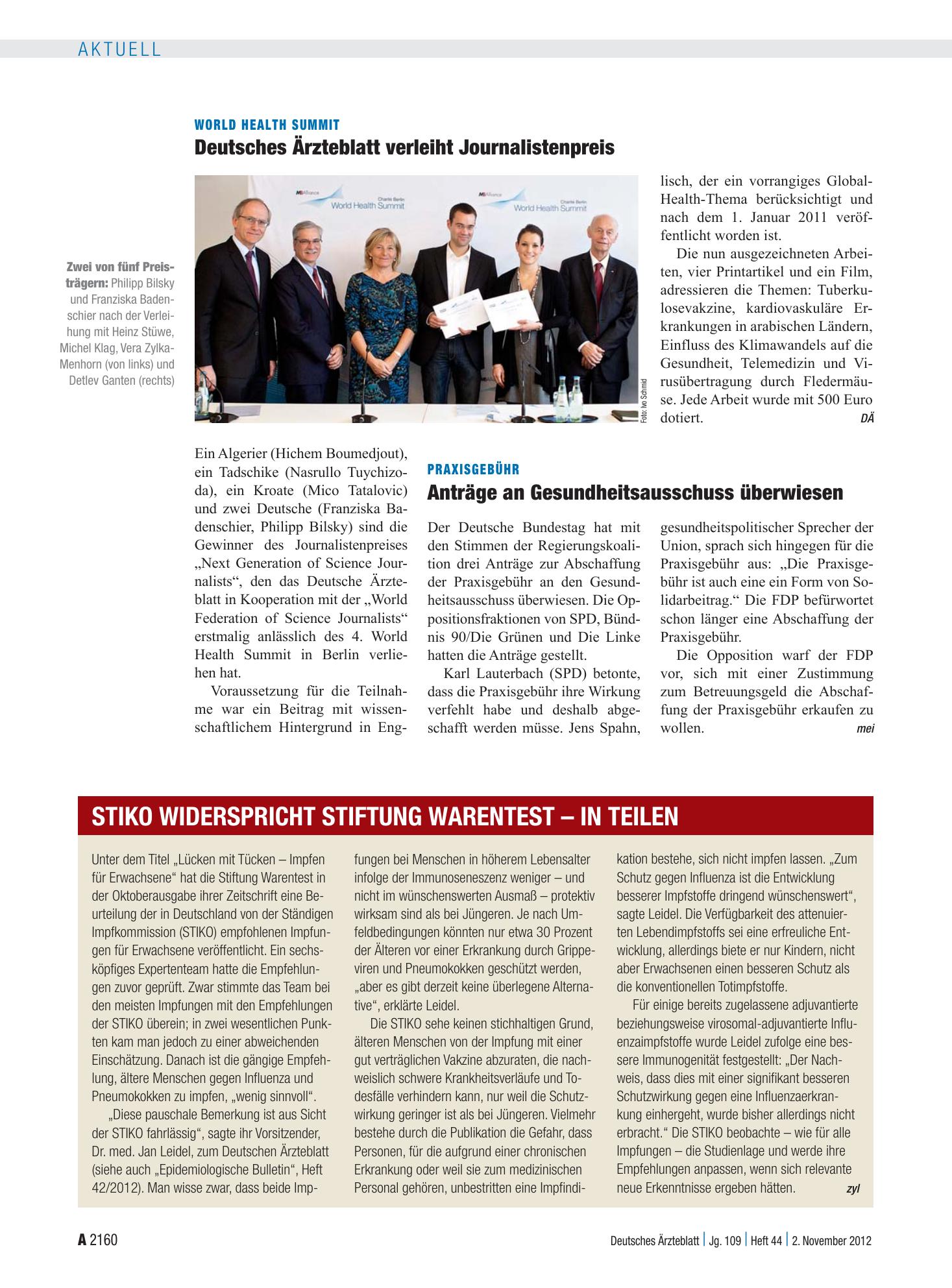 Vorschauseite 1: STIKO widerspricht Stiftung Warentest – in Teilen – Deutsches Ärzteblatt