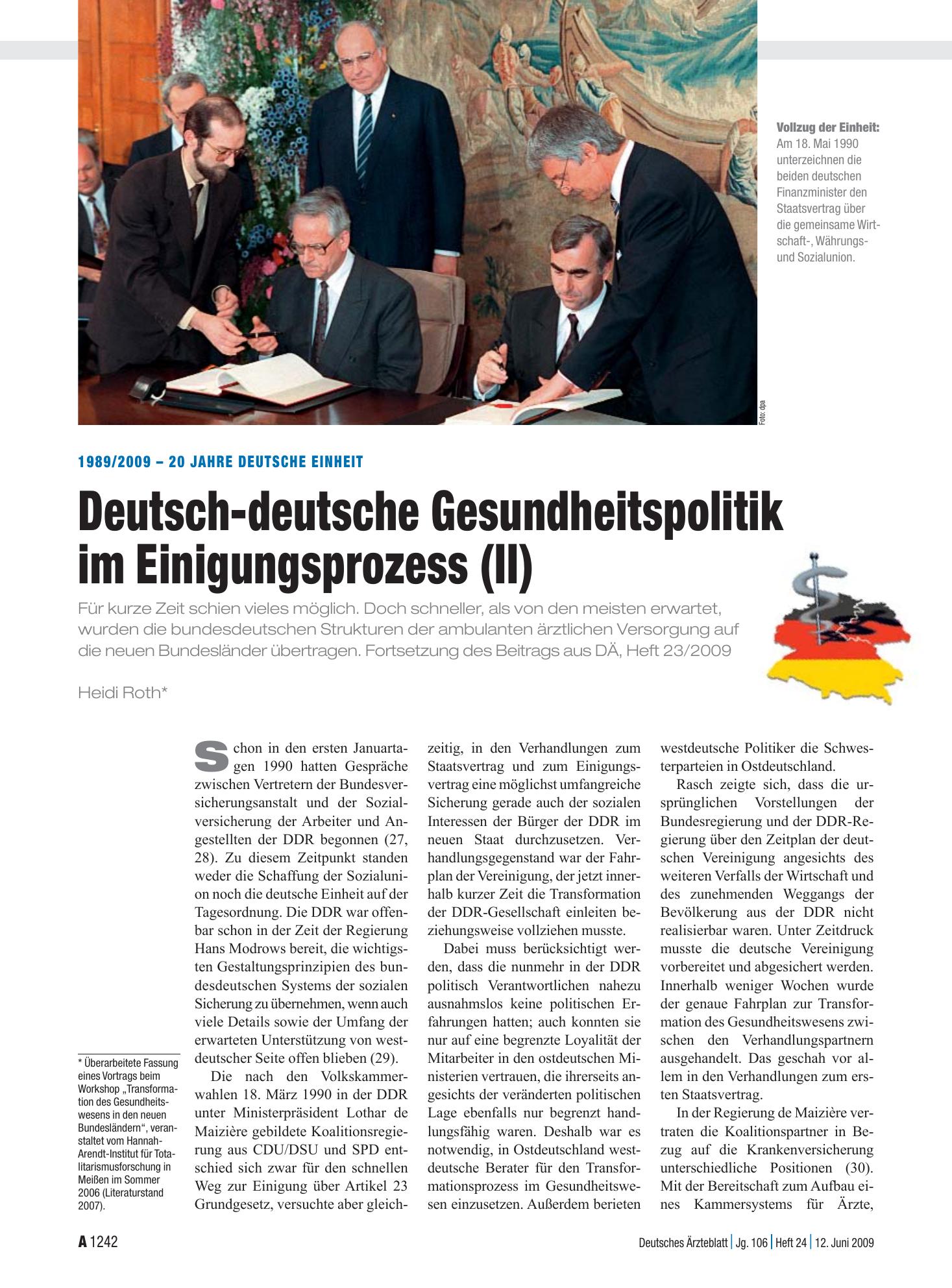 Vorschauseite 1: 1989/2009 – 20 Jahre Deutsche Einheit: Deutsch-deutsche Gesundheitspolitik im Einigungsprozess (II) – Deutsches Ärzteblatt