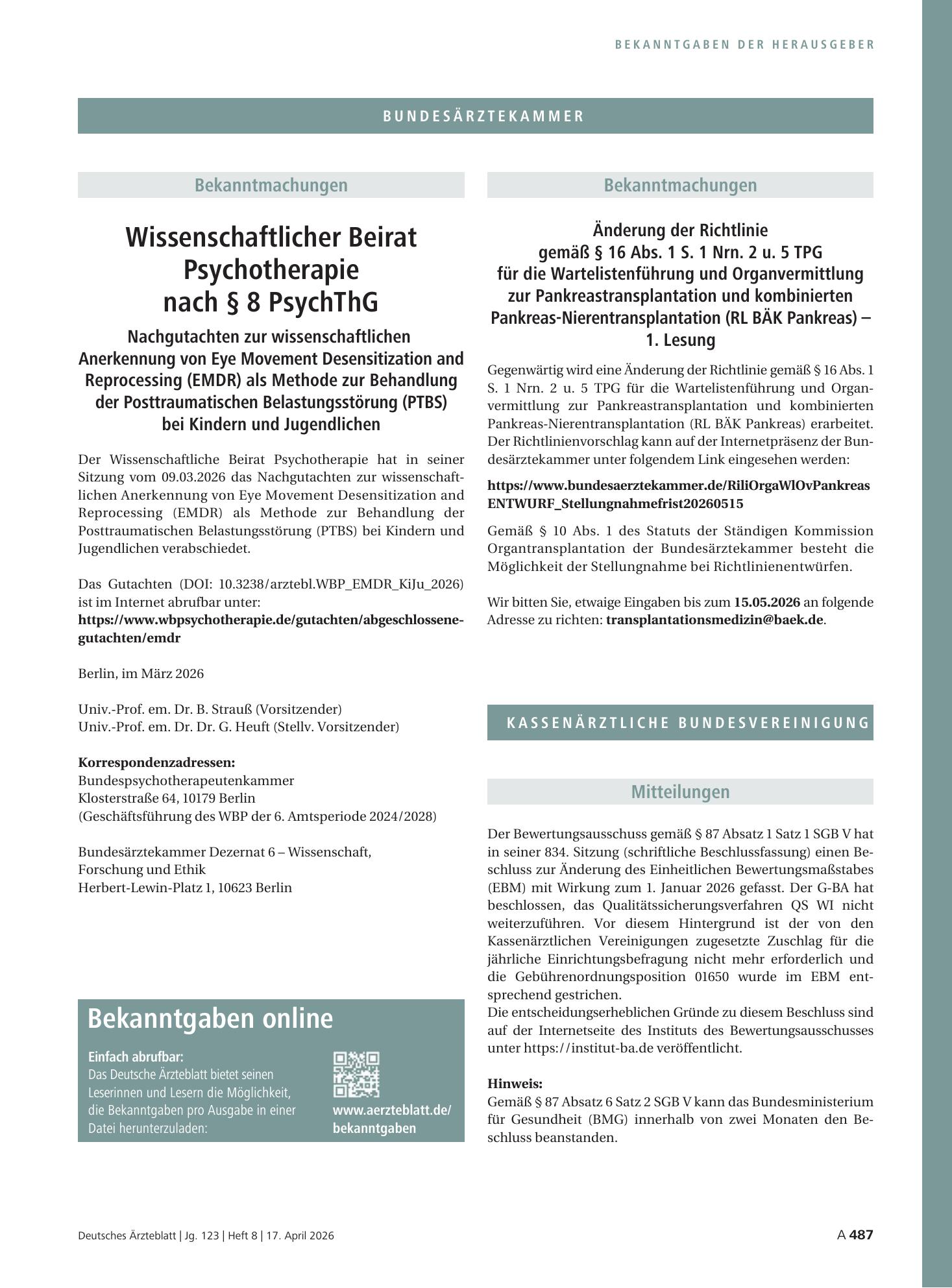 Vorschauseite 1: Mitteilungen – Deutsches Ärzteblatt