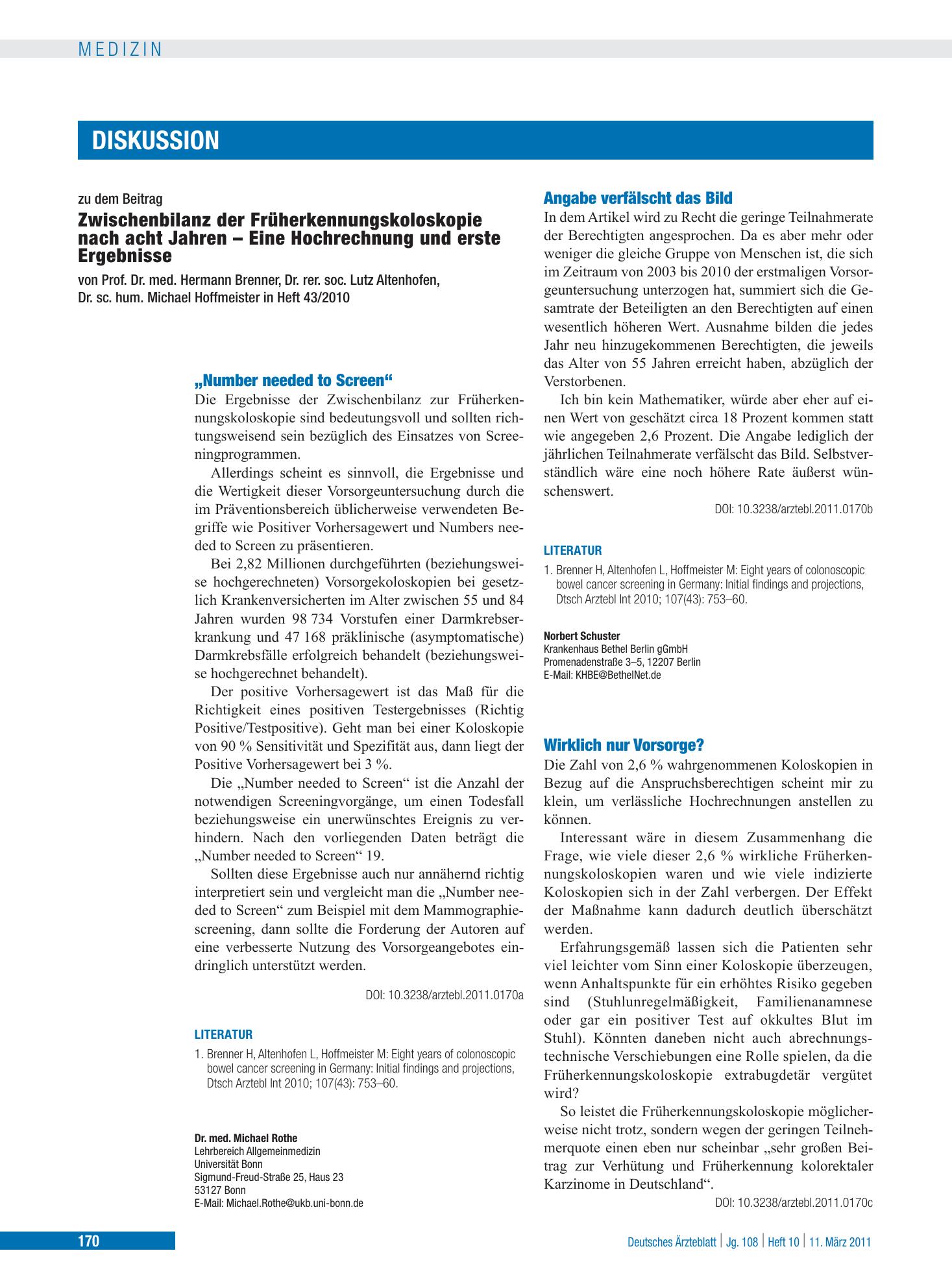 Vorschauseite 1: „Number needed to Screen“ – Deutsches Ärzteblatt
