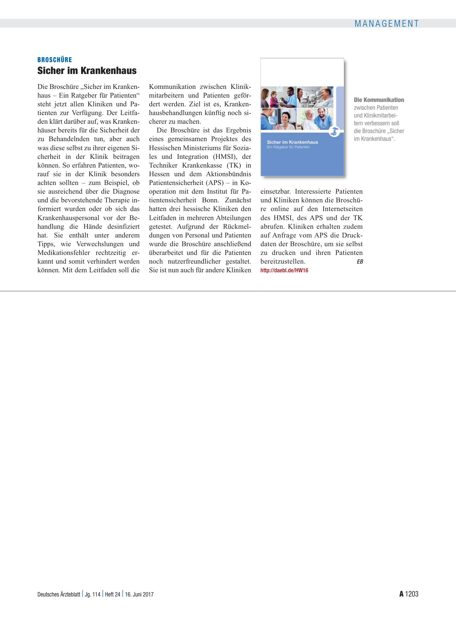 Vorschauseite 1: Broschüre: Sicher im Krankenhaus – Deutsches Ärzteblatt