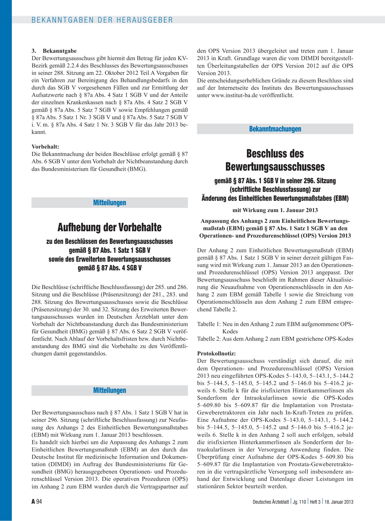 Vorschauseite 1: Aufhebung der Vorbehalte zu den Beschlüssen des Bewertungsausschusses gemäß § 87 Abs. 1 Satz 1 SGB V sowie des Erweiterten Bewertungsausschusses gemäß § 87 Abs. 4 SGB V – Deutsche…
