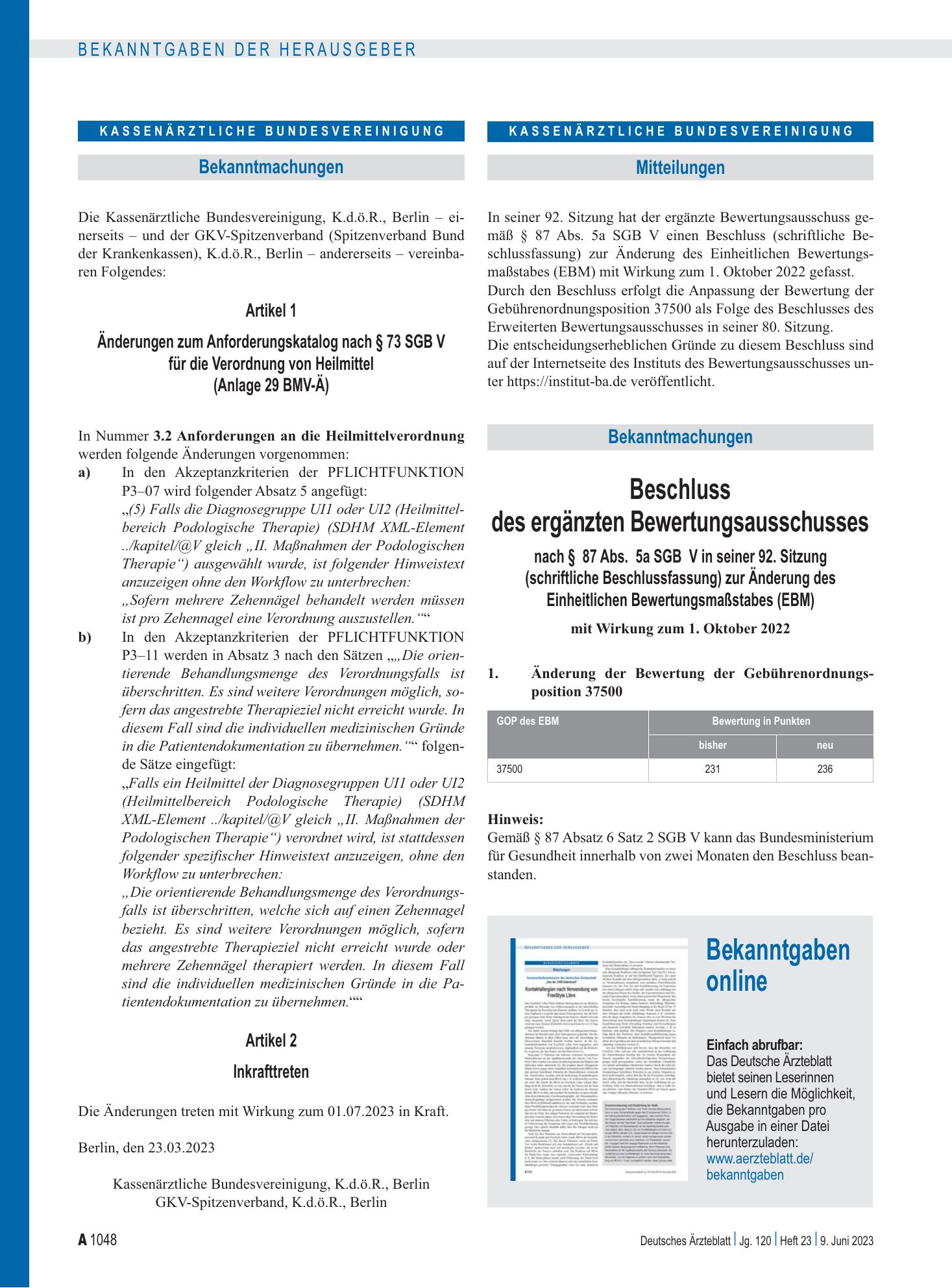 Vorschauseite 1: Beschluss des ergänzten Bewertungsausschusses nach § 87 Abs. 5a SGB V in seiner 92. Sitzung (schriftliche Beschlussfassung) zur Änderung des Einheitlichen Bewertungsmaßstabes (EBM…