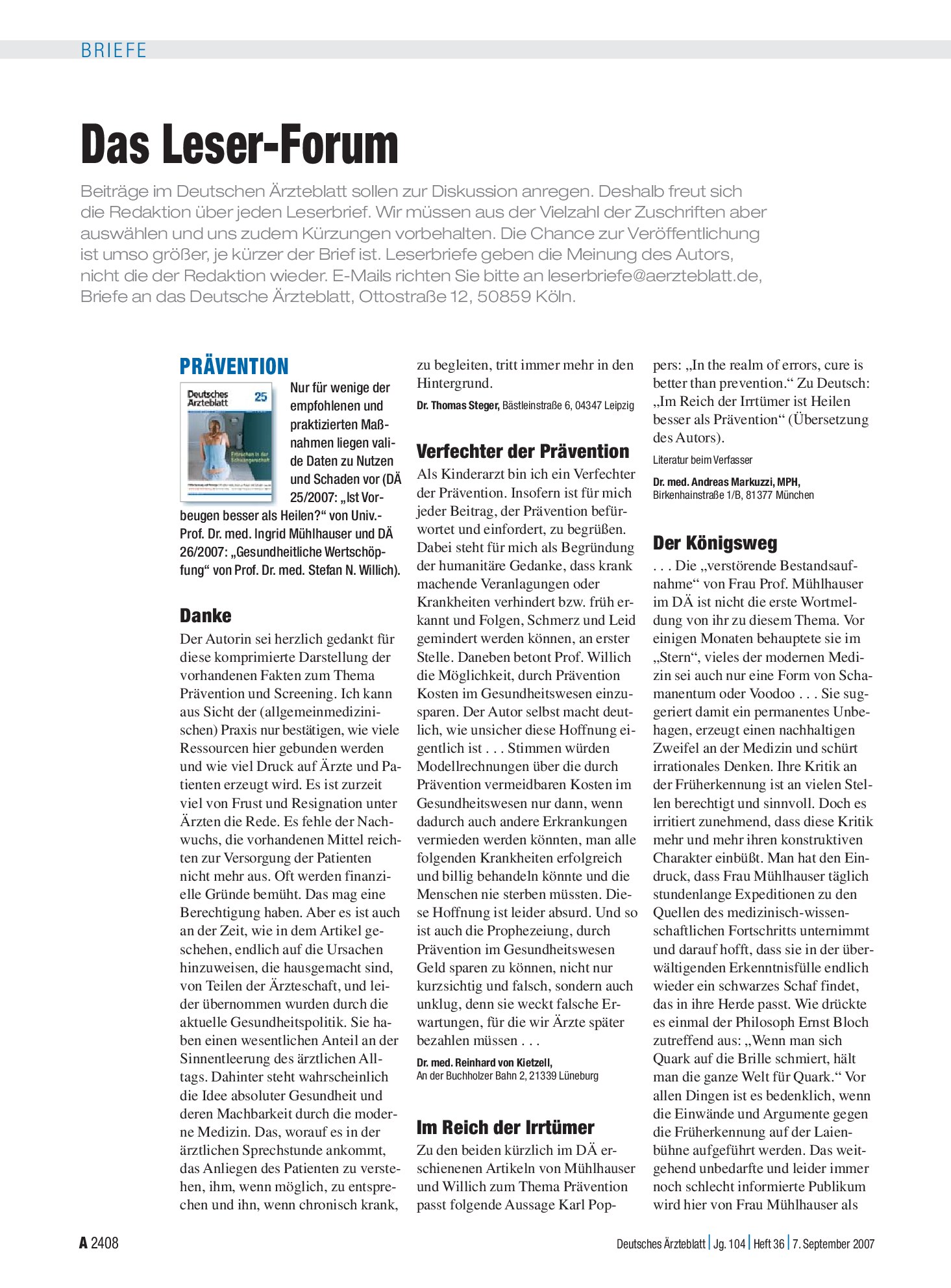 Vorschauseite 1: Prävention: Der Königsweg – Deutsches Ärzteblatt