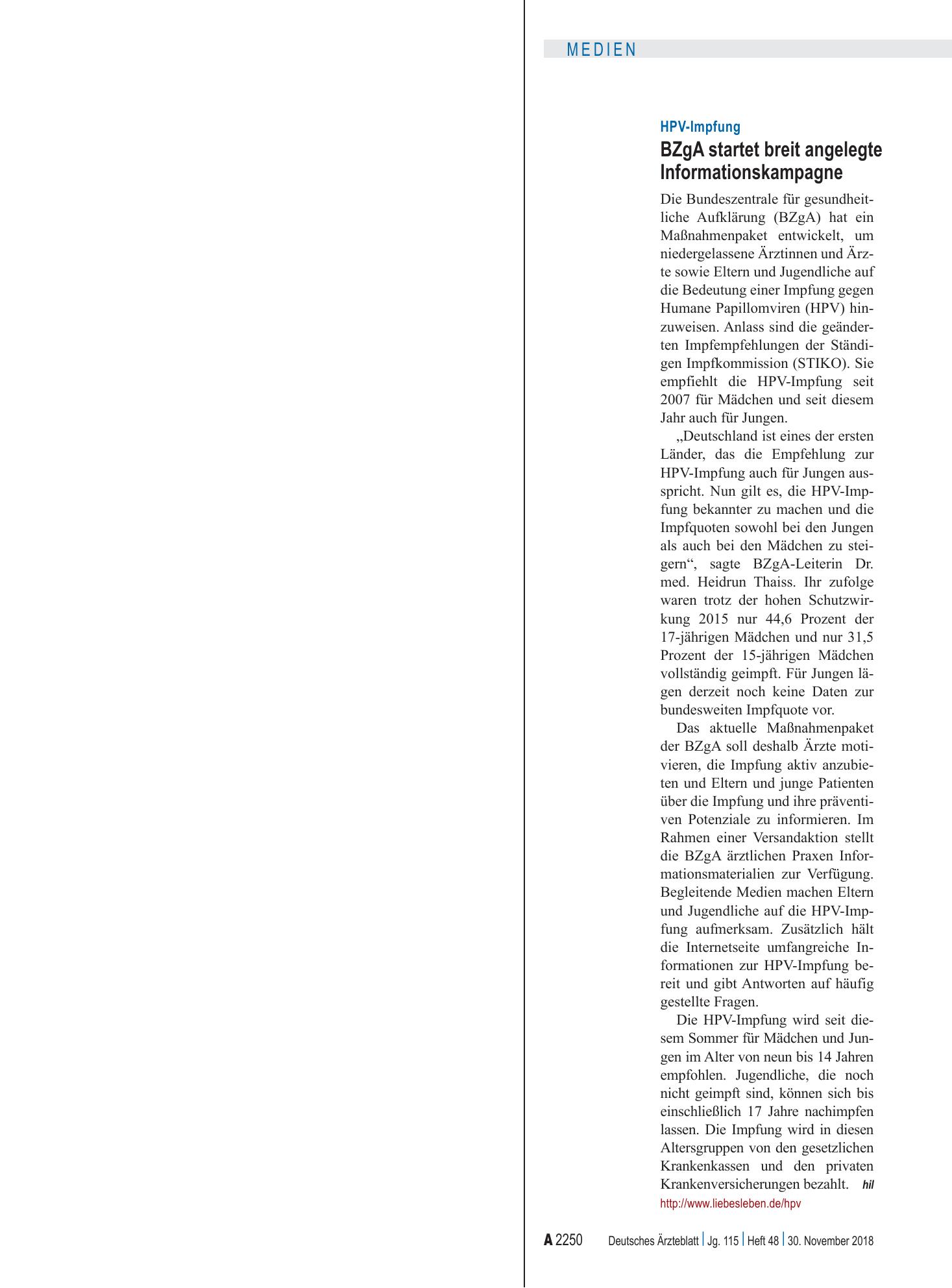 Vorschauseite 1: HPV-Impfung: BZgA startet breit angelegte Informationskampagne – Deutsches Ärzteblatt