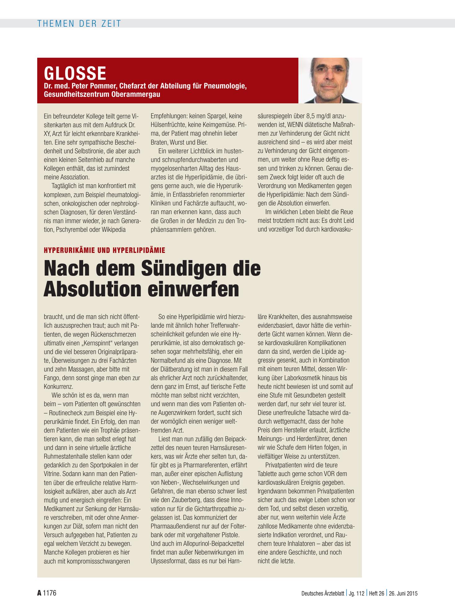 Vorschauseite 1: Hyperurikämie und Hyperlipidämie: Nach dem Sündigen die Absolution einwerfen – Deutsches Ärzteblatt