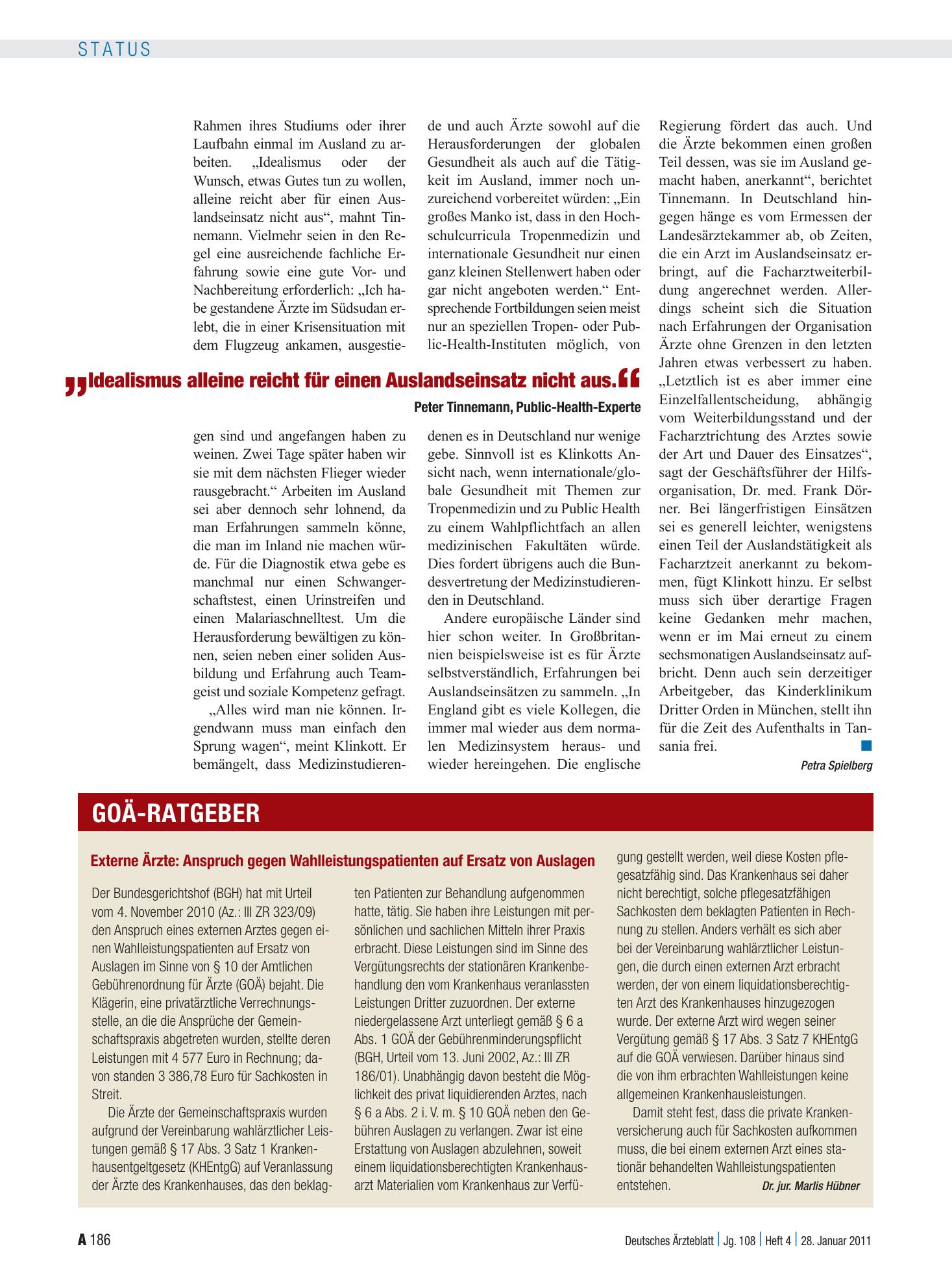 Vorschauseite 1: Externe Ärzte: Anspruch gegen Wahlleistungspatienten auf Ersatz von Auslagen – Deutsches Ärzteblatt