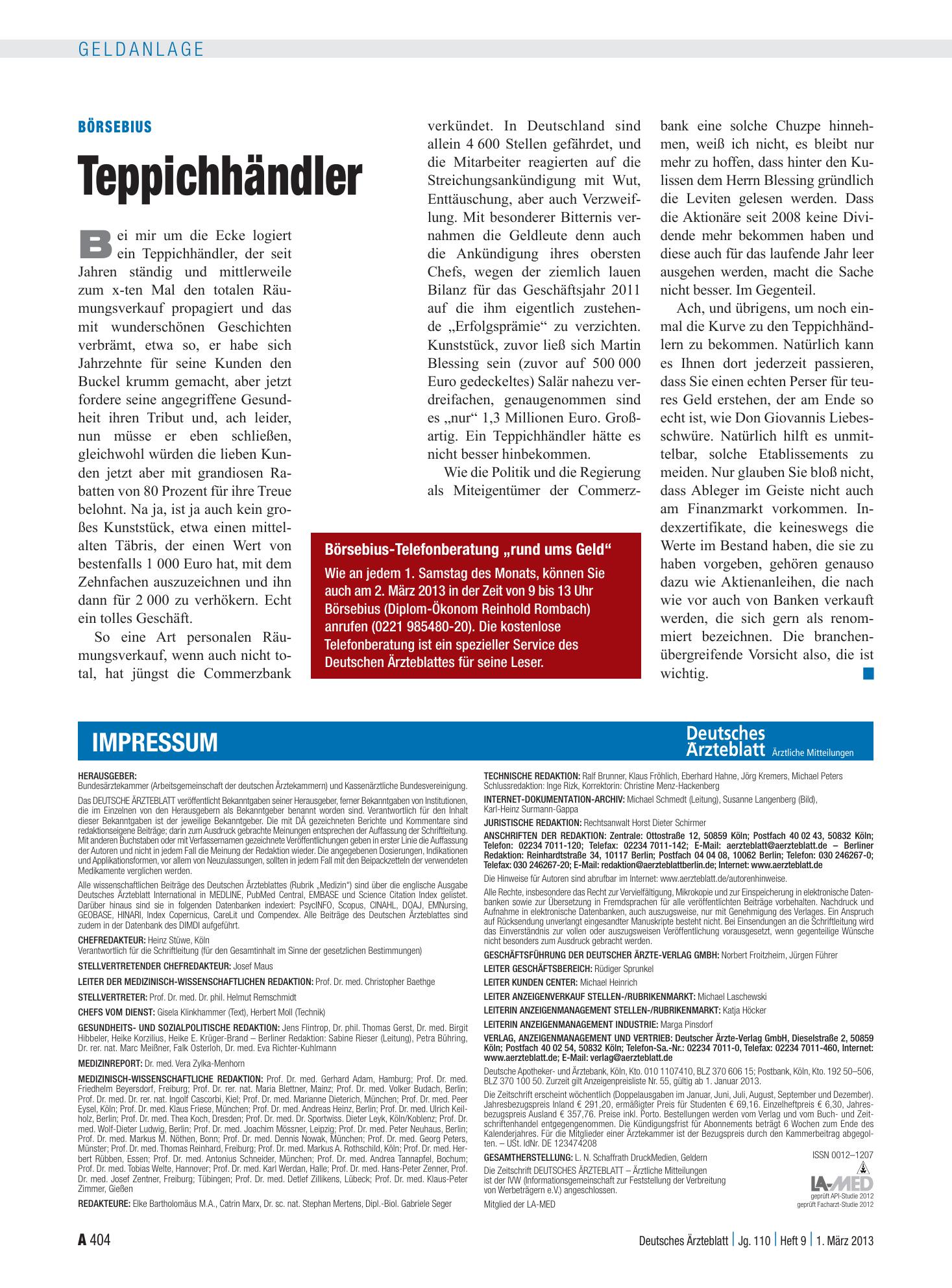 Vorschauseite 1: Börsebius: Teppichhändler – Deutsches Ärzteblatt