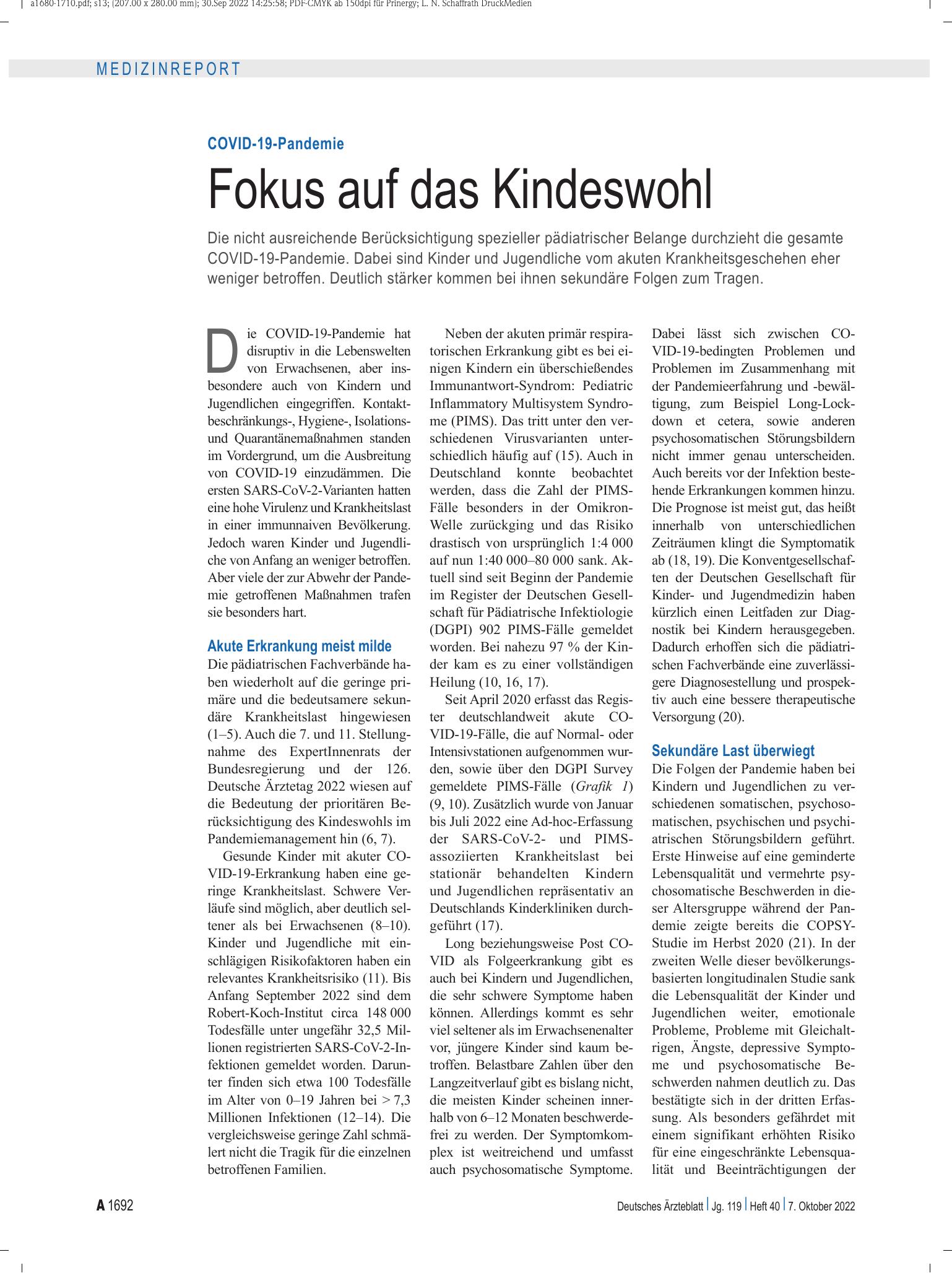 Vorschauseite 1: COVID-19-Pandemie: Fokus auf das Kindeswohl – Deutsches Ärzteblatt