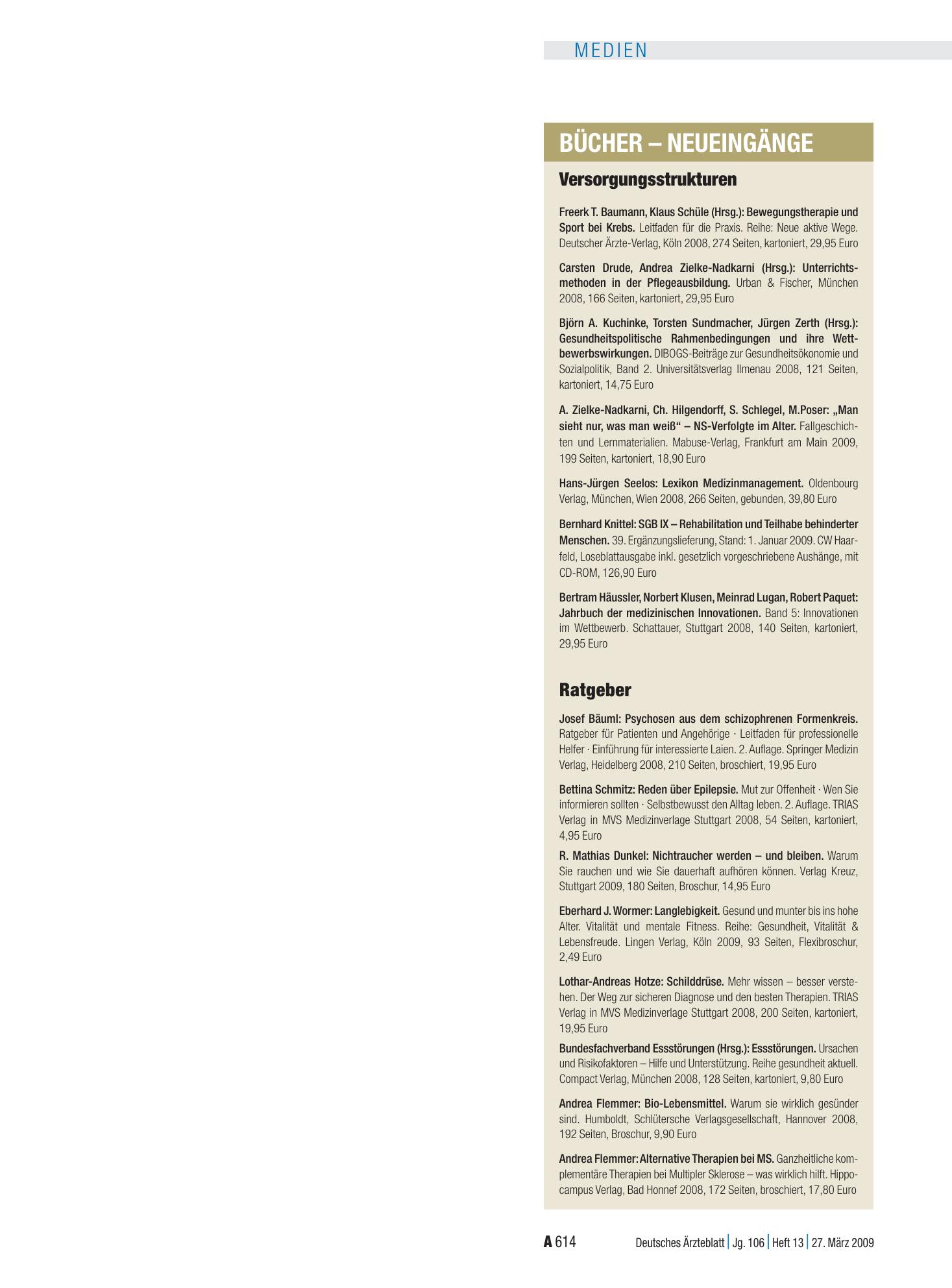 Vorschauseite 1: Bücher - Neueingänge – Deutsches Ärzteblatt