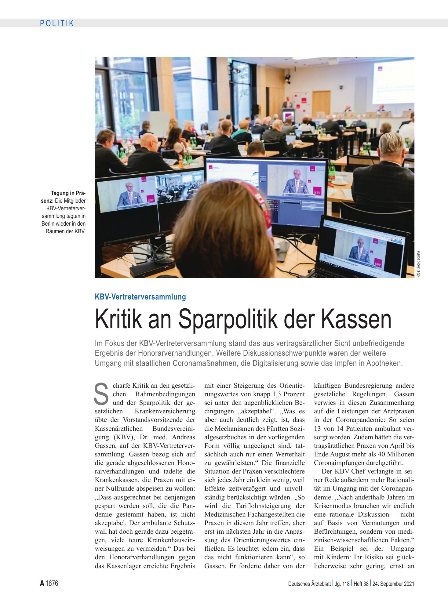 Vorschauseite 1: KBV-Vertreterversammlung: Kritik an Sparpolitik der Kassen – Deutsches Ärzteblatt