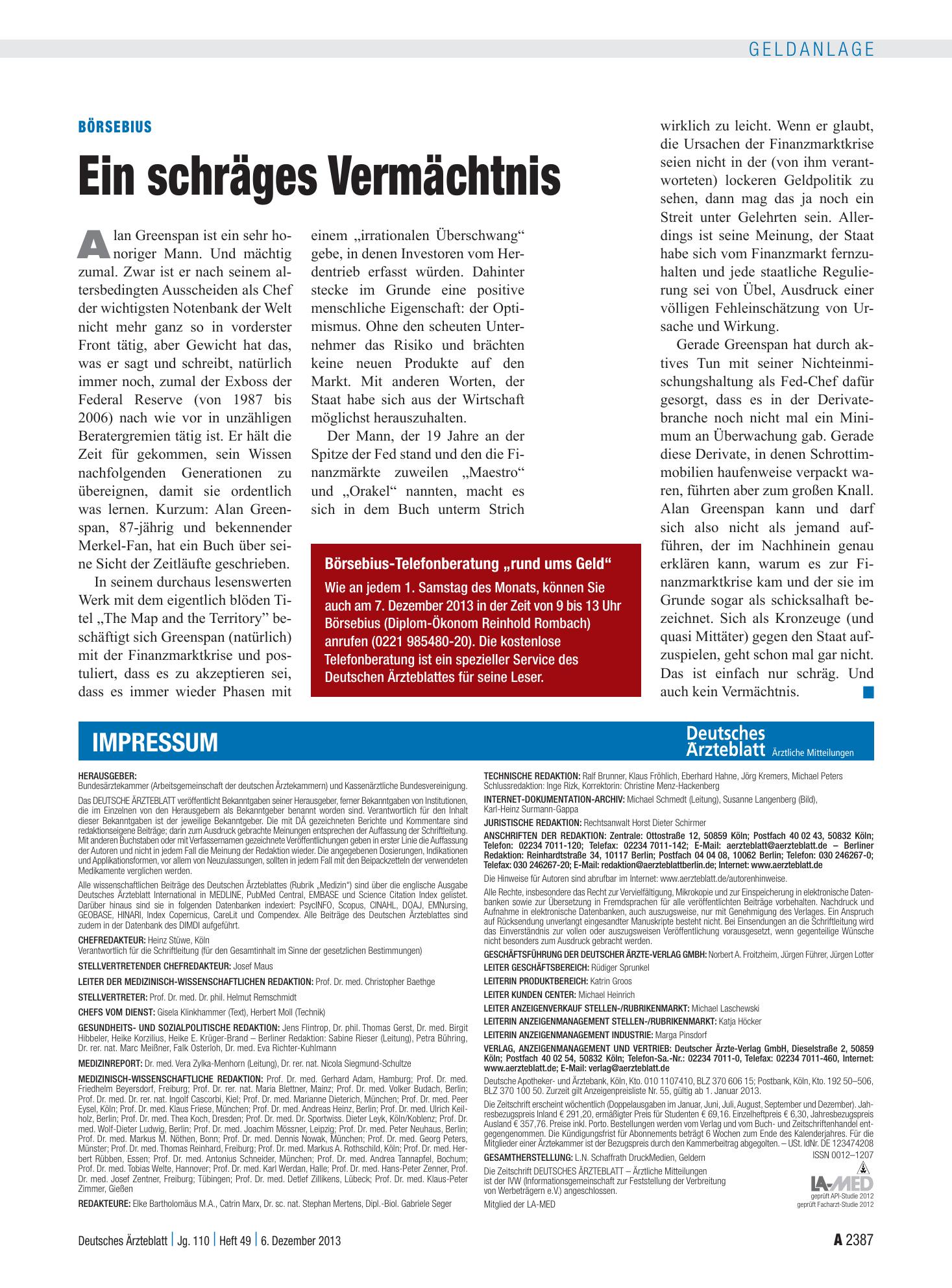 Vorschauseite 1: Börsebius: Ein schräges Vermächtnis – Deutsches Ärzteblatt