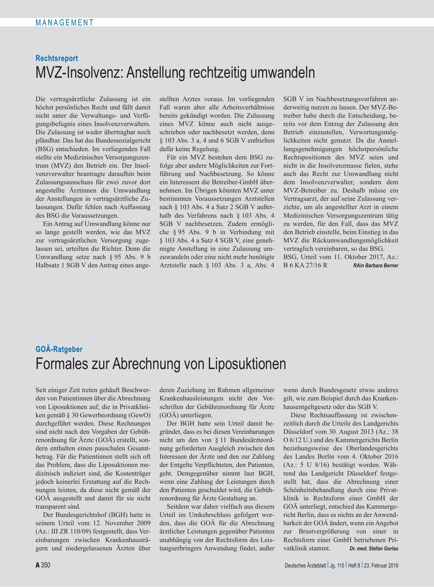 Vorschauseite 1: GOÄ-Ratgeber: Formales zur Abrechnung von Liposuktionen – Deutsches Ärzteblatt