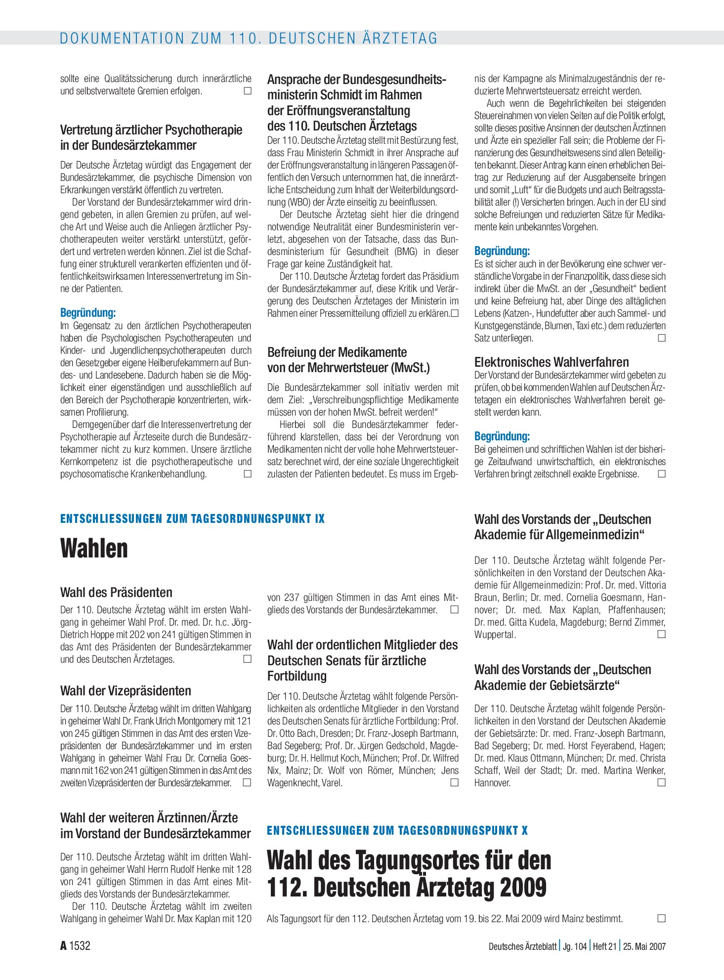 Vorschauseite 1: Entschliessungen zum Tagesordnungspunkt IX: Wahlen – Deutsches Ärzteblatt