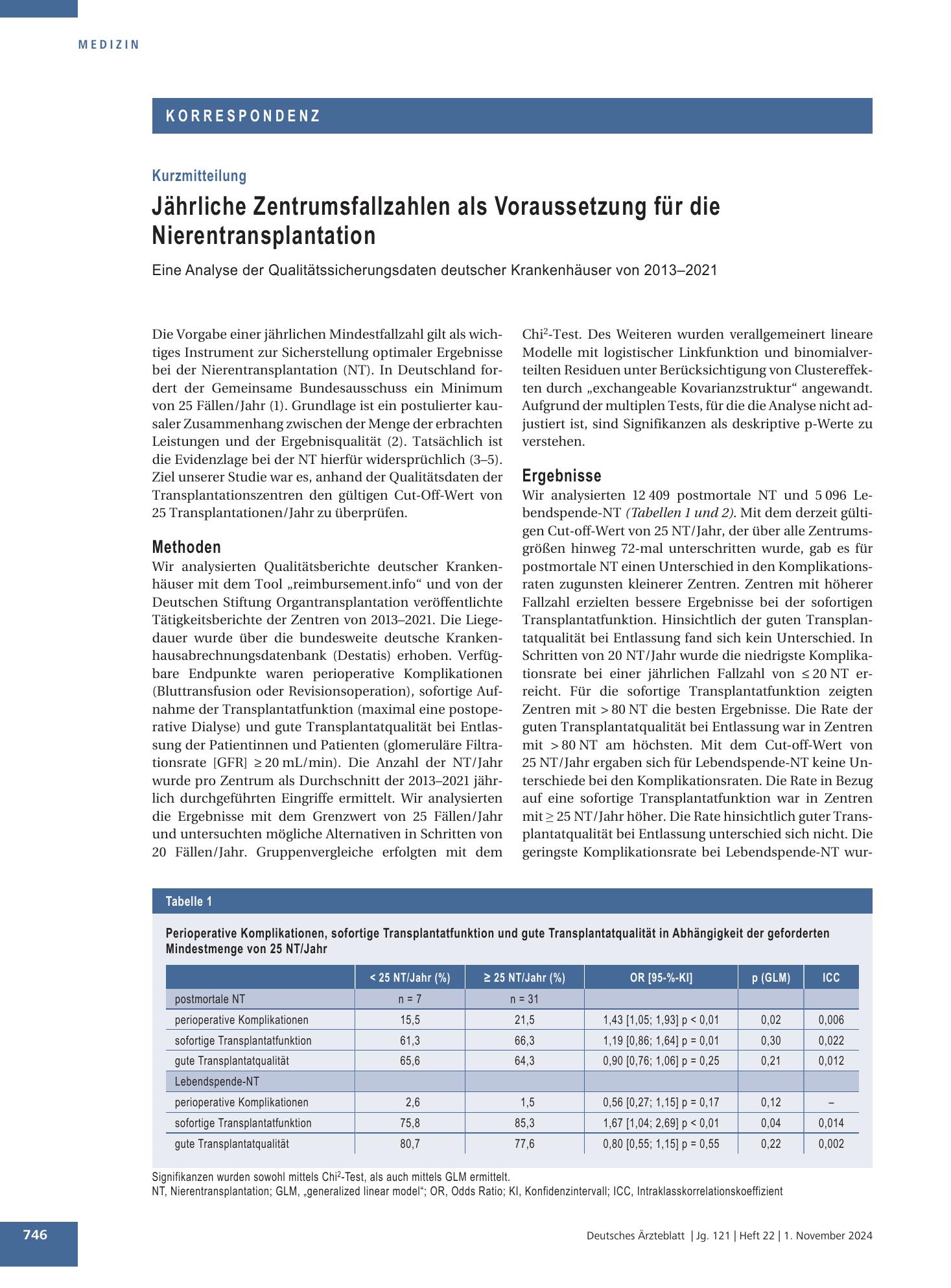 Vorschauseite 1: Jährliche Zentrumsfallzahlen als Voraussetzung für die Nierentransplantation – Deutsches Ärzteblatt
