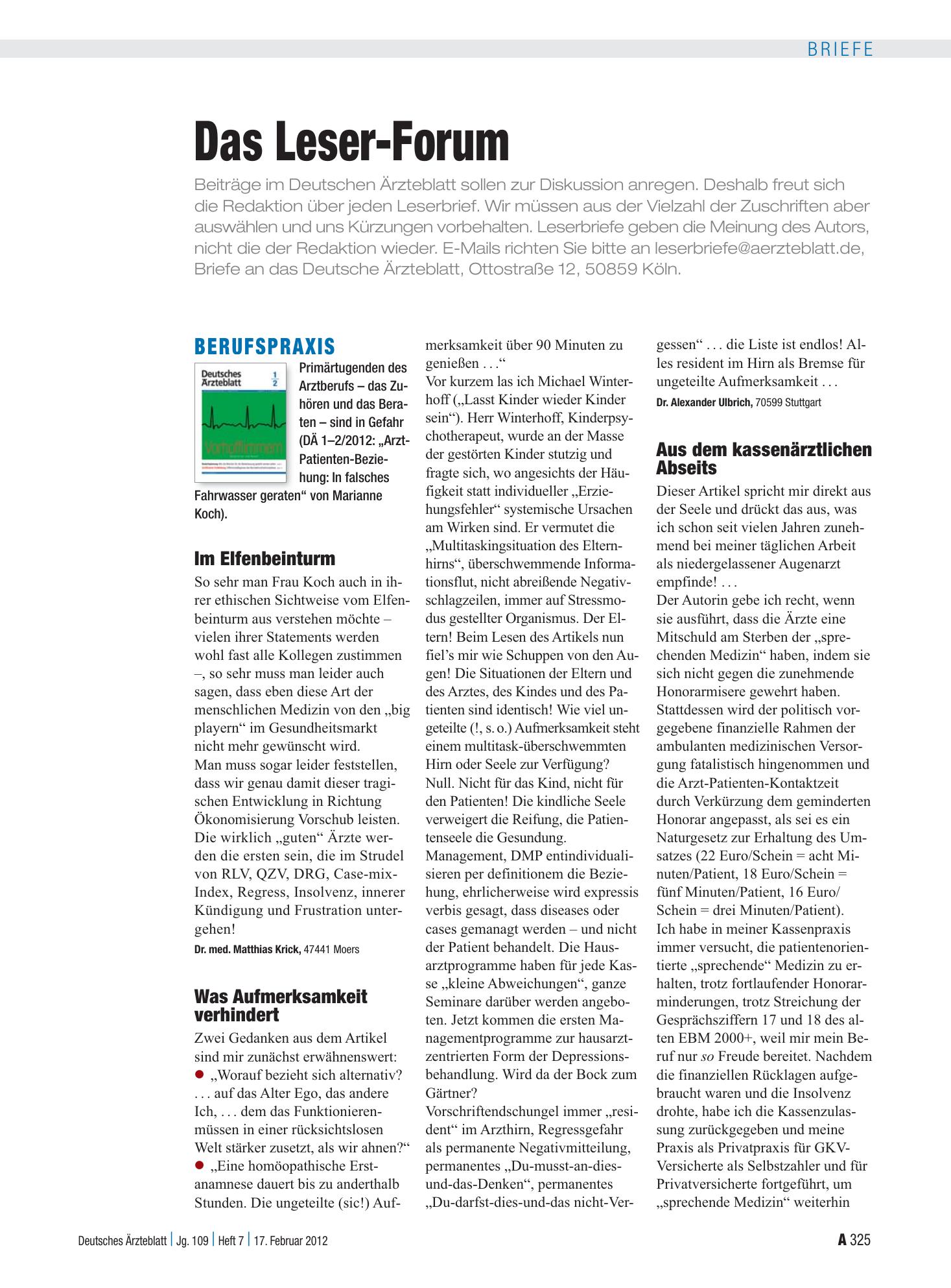 Vorschauseite 1: Berufspraxis: Im Elfenbeinturm – Deutsches Ärzteblatt