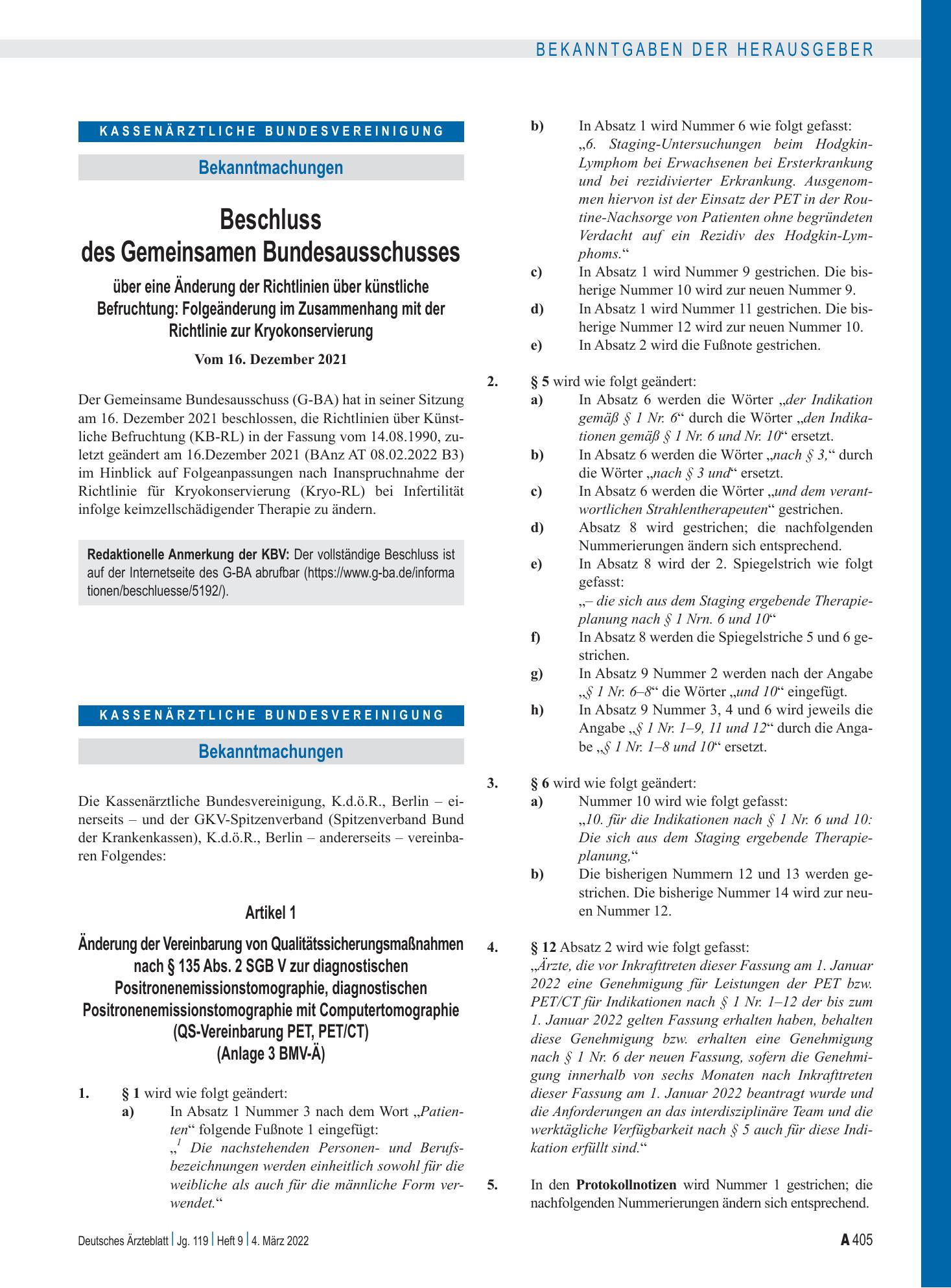 Vorschauseite 1: Beschluss des Gemeinsamen Bundesausschusses über eine Änderung der Richtlinien über künstliche Befruchtung: Folgeänderung im Zusammenhang mit der Richtlinie zur Kryokonservierung…