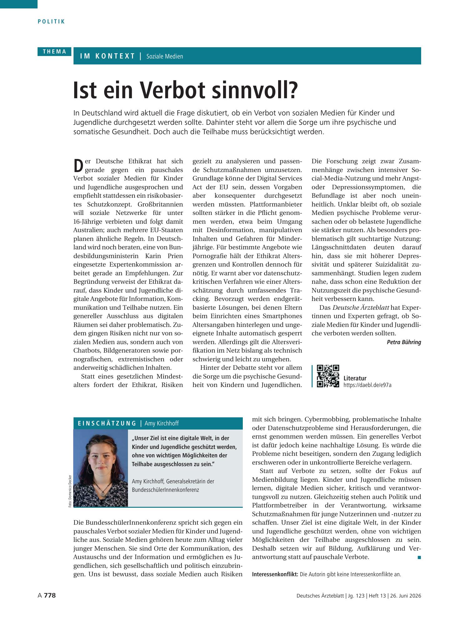 Vorschauseite 1: Soziale Medien: Ist ein Verbot sinnvoll? – Deutsches Ärzteblatt