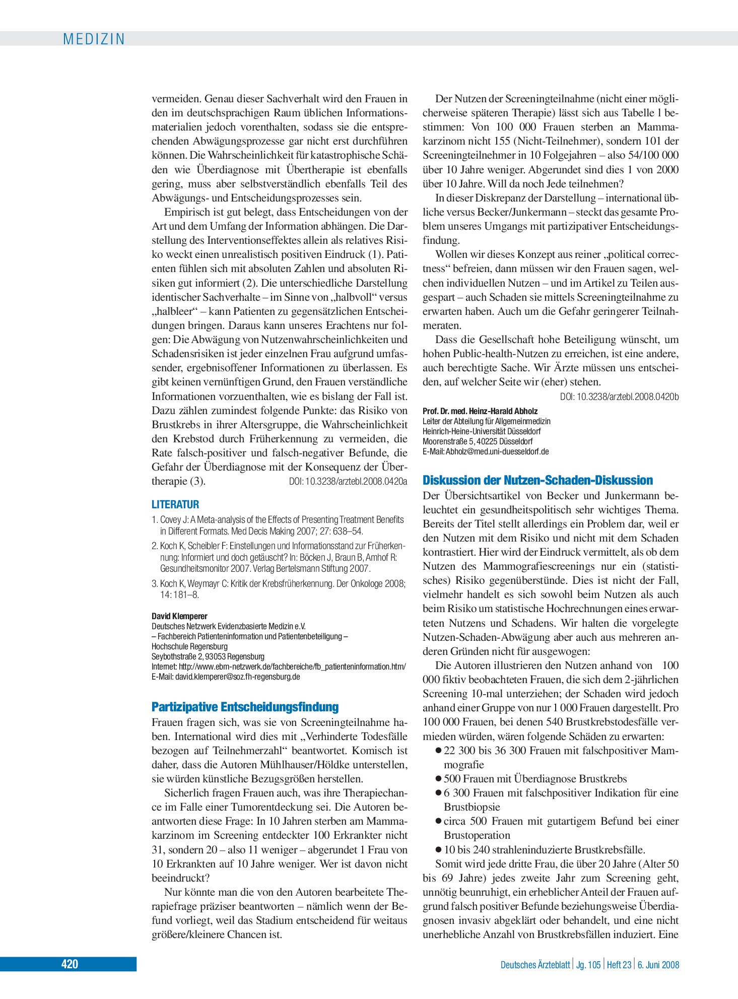 Vorschauseite 1: Nutzen und Risiko des Mammografie-Screenings: Diskussion der Nutzen-Schaden-Diskussion – Deutsches Ärzteblatt