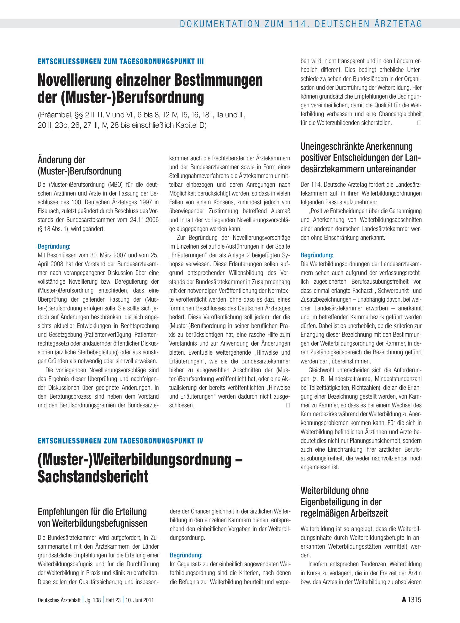 Vorschauseite 1: Entschliessungen zum Tagesordnungspunkt III: Novellierung einzelner Bestimmungen der (Muster-)Berufsordnung (Präambel, §§ 2 II, III, V und VII, 6 bis 8, 12 IV, 15, 16, 18 I, IIa u…
