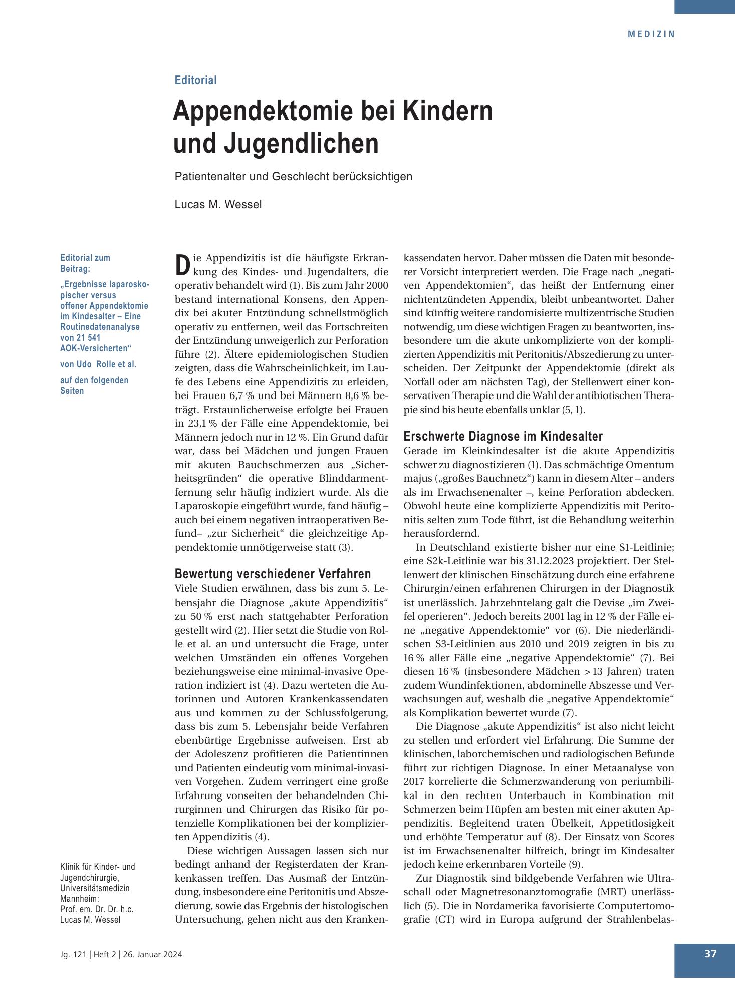 Vorschauseite 1: Appendektomie bei Kindern und Jugendlichen – Deutsches Ärzteblatt
