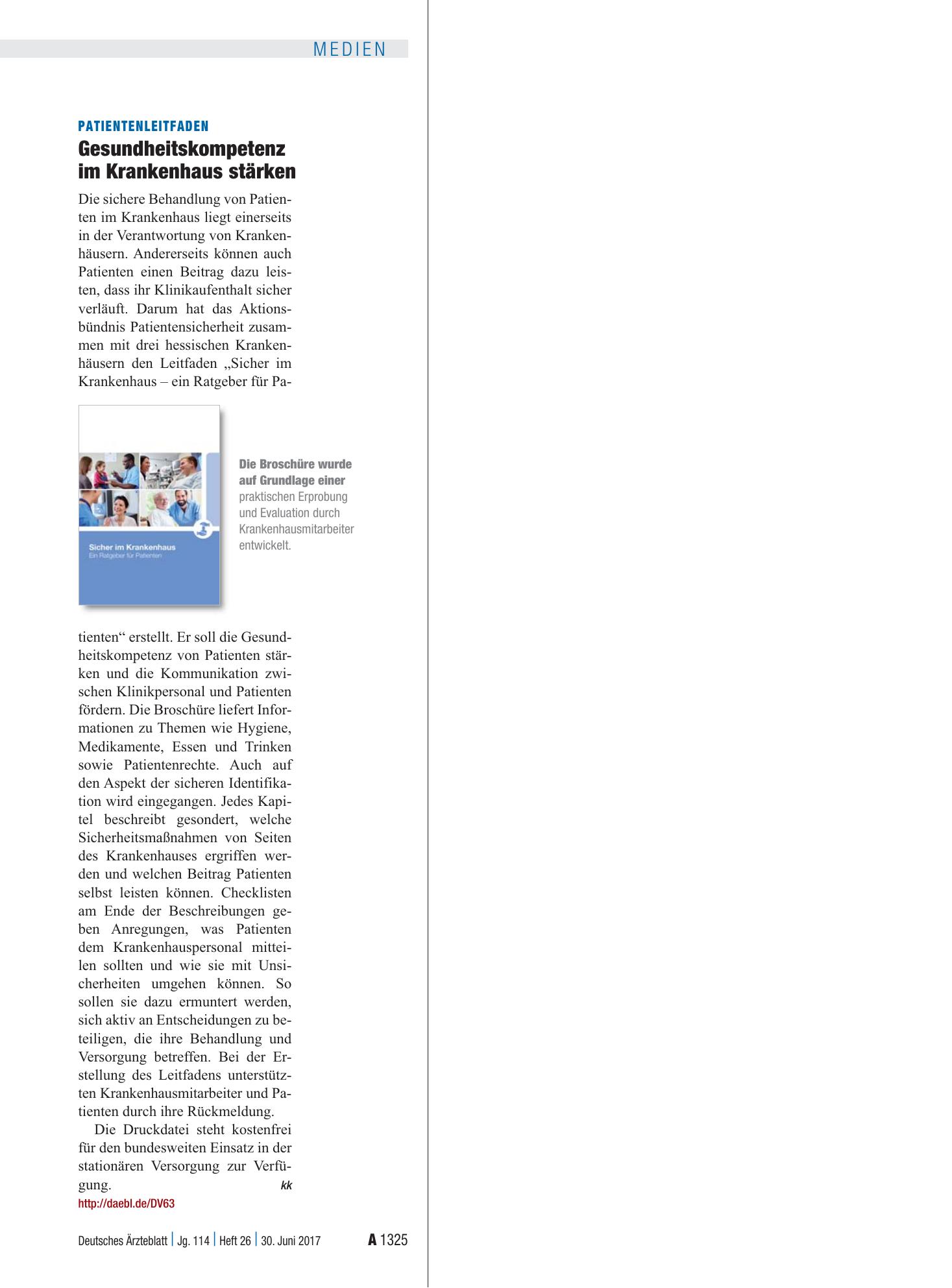 Vorschauseite 1: Patientenleitfaden: Gesundheitskompetenz im Krankenhaus stärken – Deutsches Ärzteblatt