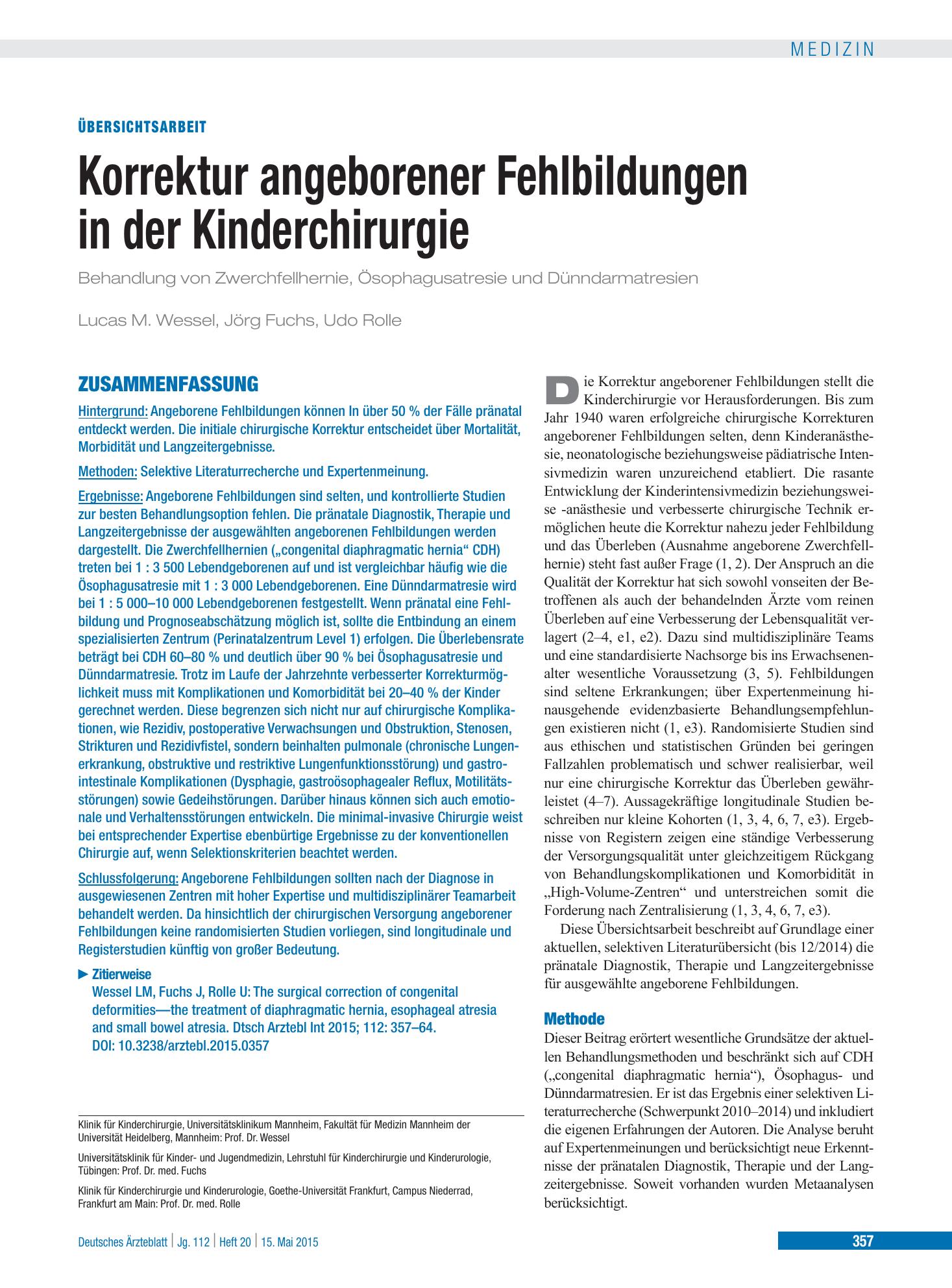 Vorschauseite 1: Korrektur angeborener Fehlbildungen in der Kinderchirurgie – Deutsches Ärzteblatt