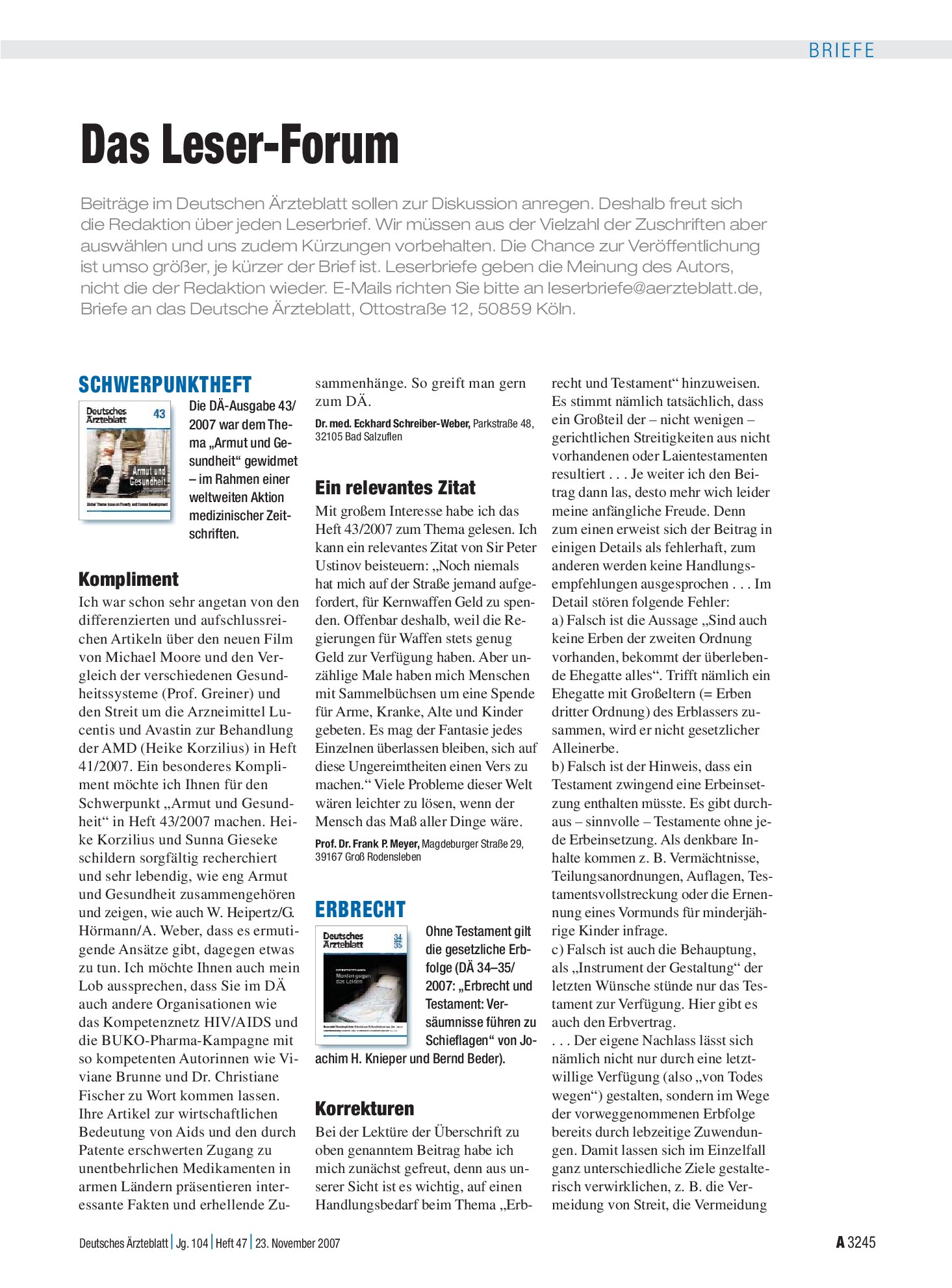 Vorschauseite 1: Erbrecht: Korrekturen – Deutsches Ärzteblatt